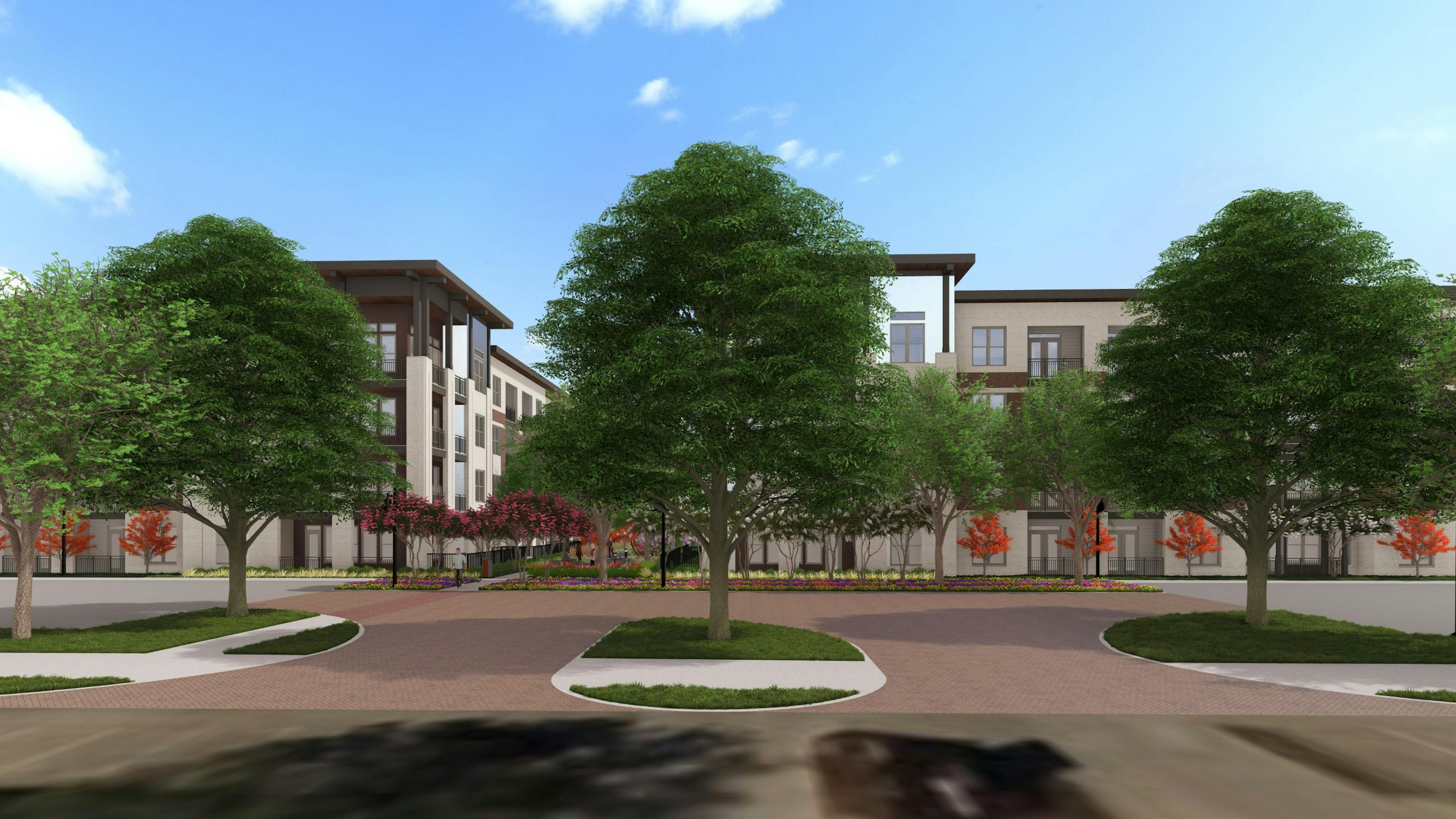 AMLI Treehouse community rendering with 4 story buildings surrounded by lush green trees, smaller colorful trees and flower beds.