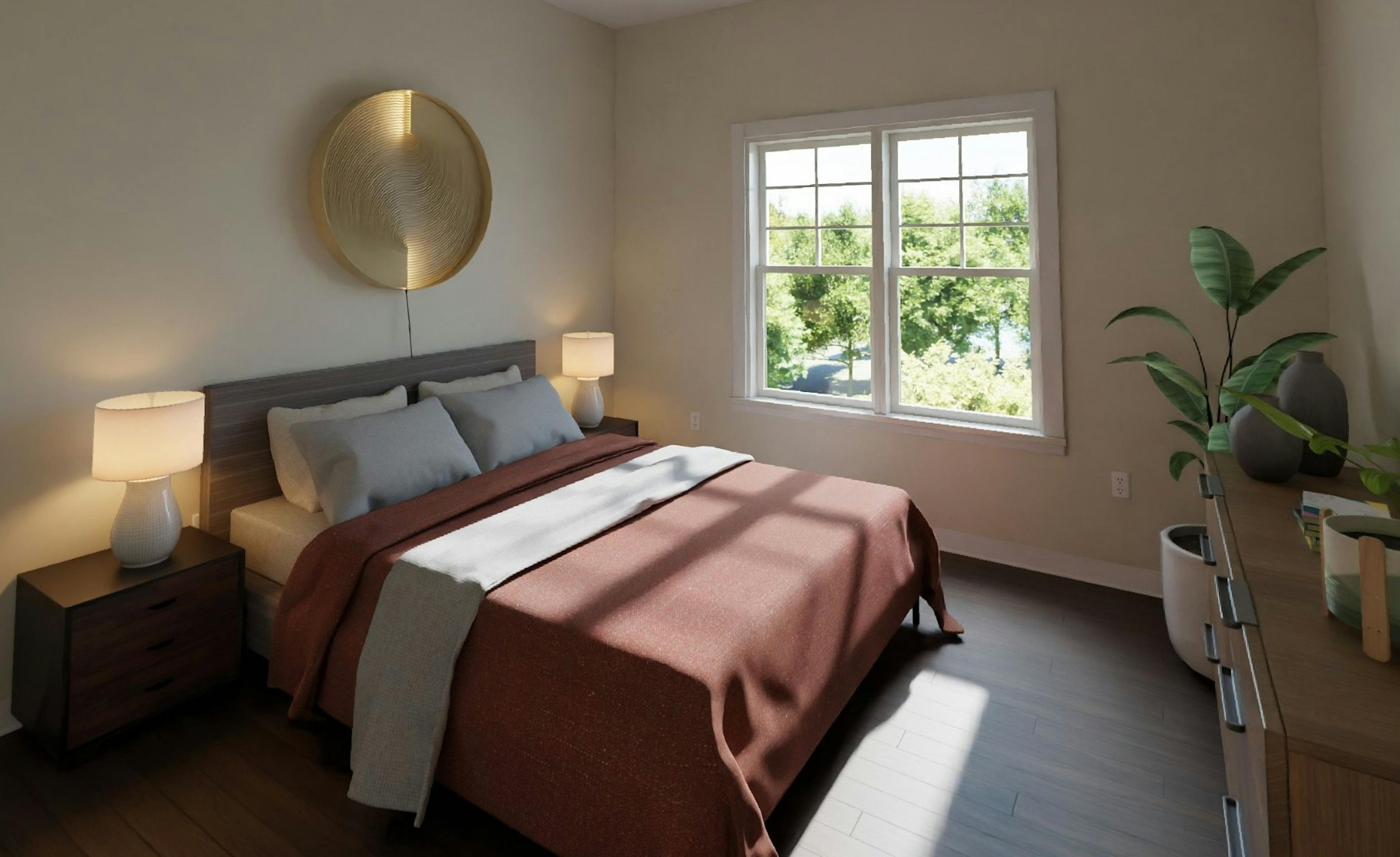 AMLI Brookhaven apartment bedroom rendering features a large bed draped in a rust-colored blanket, flanked by two nightstands with lamps.