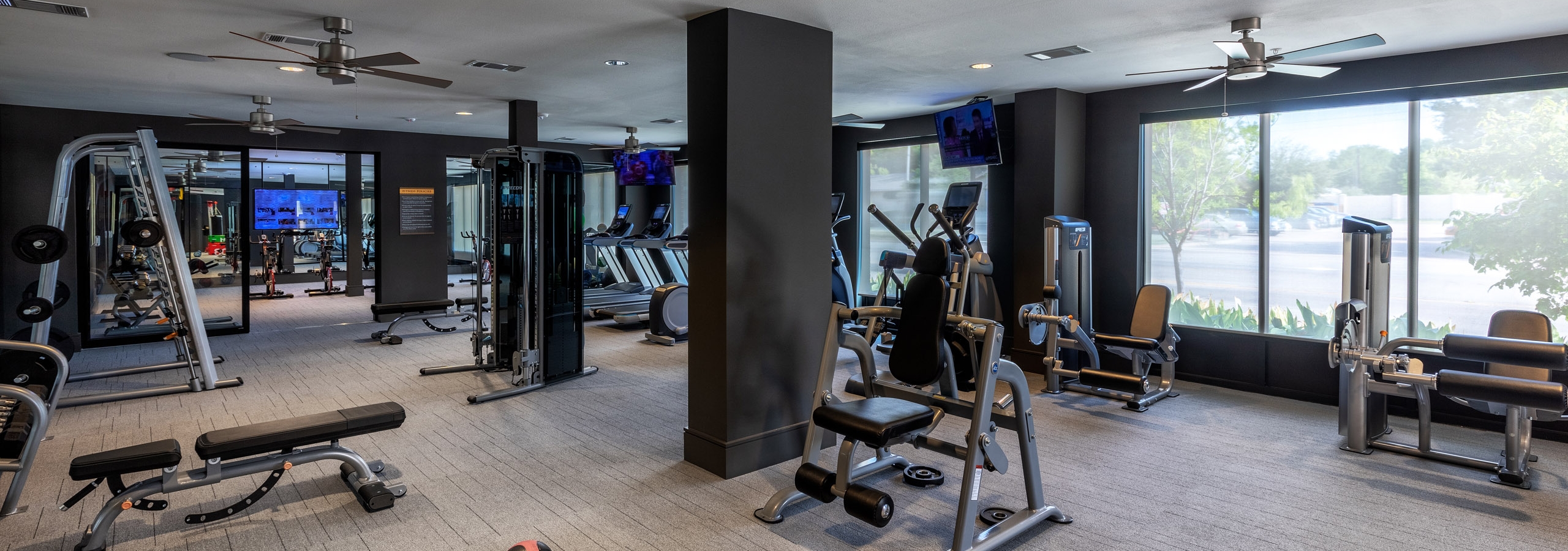 Interior view of AMLI Grapevine fitness center boasting TVs and free weights and strength training and cardio machines