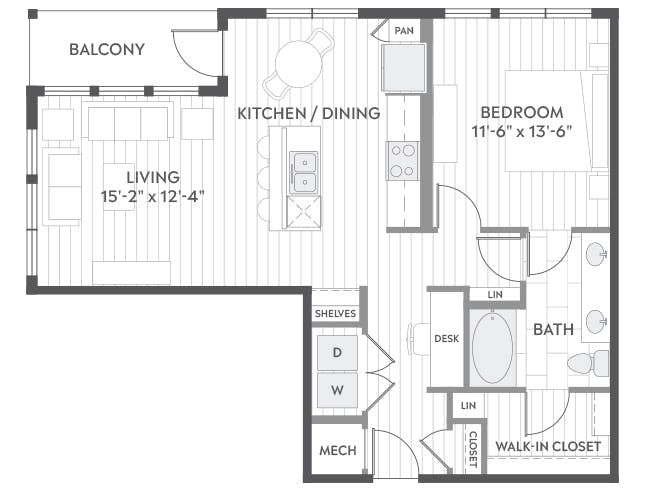 A4a floor plan, 1 Bedroom, 1 Bathroom at AMLI Branch Park apartments