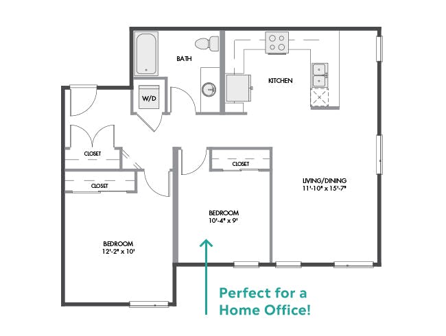 B5 floor plan, 2 Bedroom, 1 Bathroom, 2nd BR/Home Office at AMLI Spring District apartments