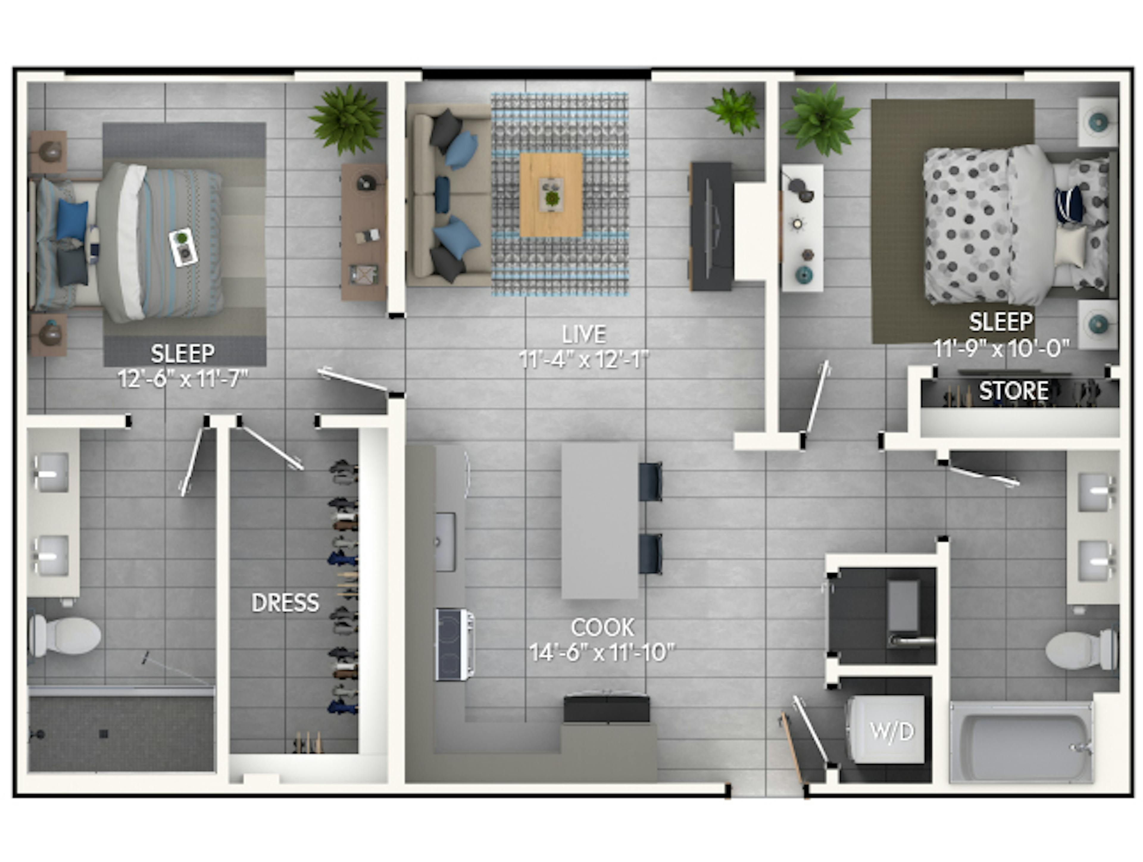 C3 floor plan, 2 Bedroom, 2 Bathroom at AMLI Wynwood apartments