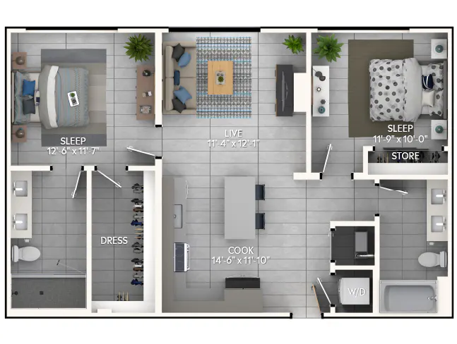C3 floor plan, 2 Bedroom, 2 Bathroom at AMLI Wynwood apartments