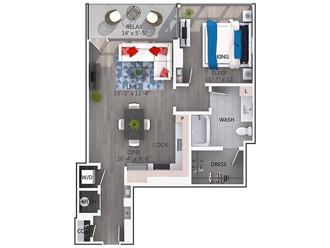 A3P floor plan, 1 Bedroom, 1 Bathroom, Penthouse at AMLI Arts Center apartments