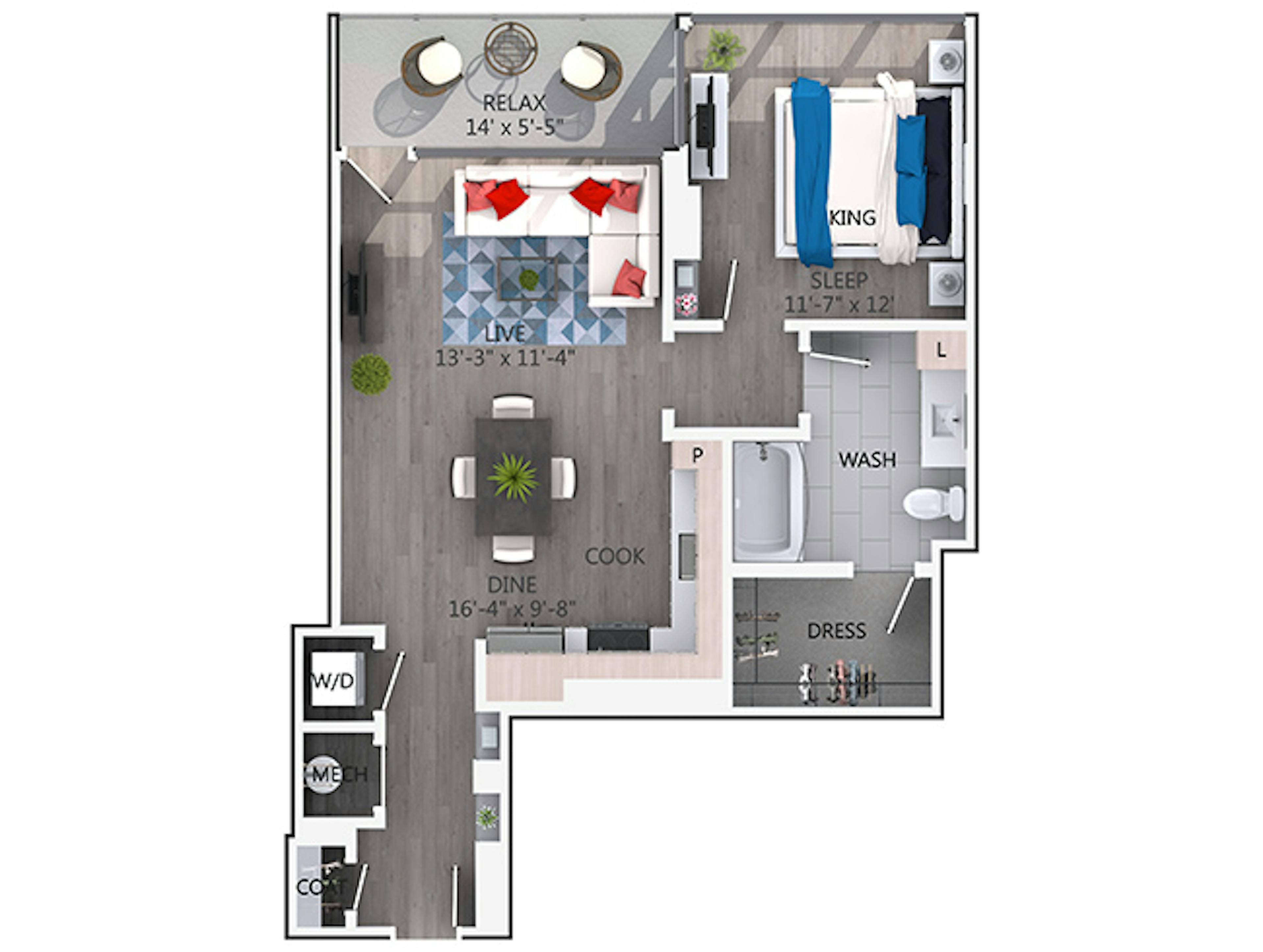 A3 floor plan, 1 Bedroom, 1 Bathroom at AMLI Arts Center apartments