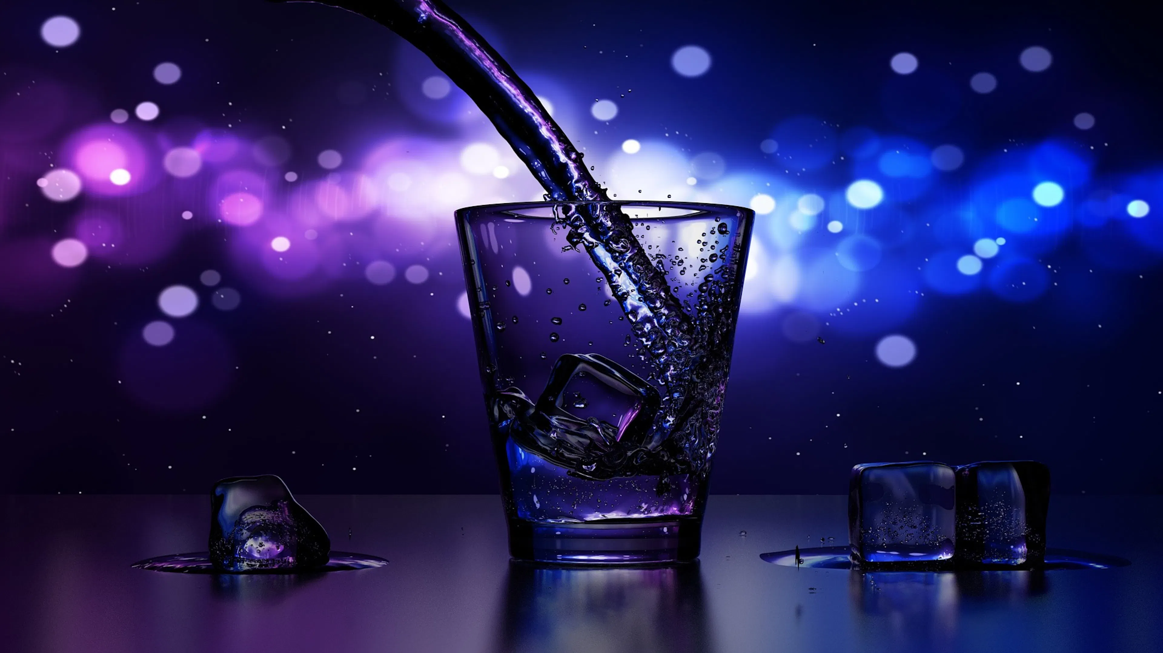 A lowball cocktail glass backlit by navy blue and dark purple lights