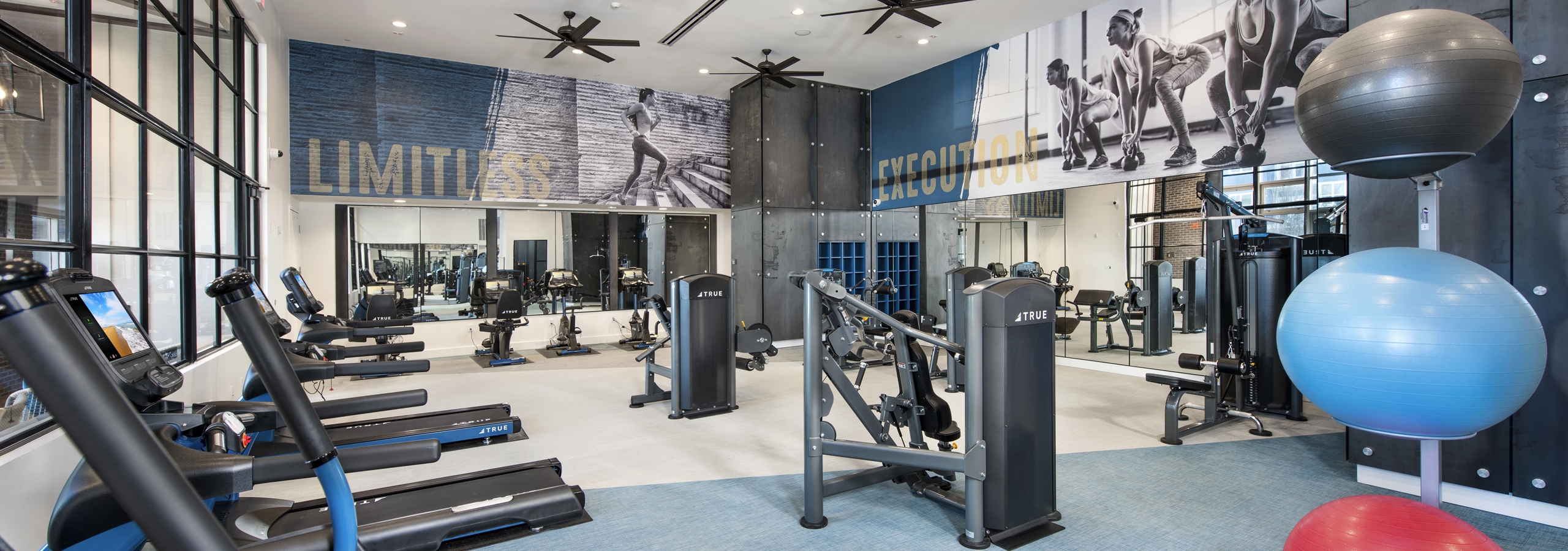 Interior of fitness center at AMLI Decatur with high endurance equipment and colorful stabilization balls and ceiling fans