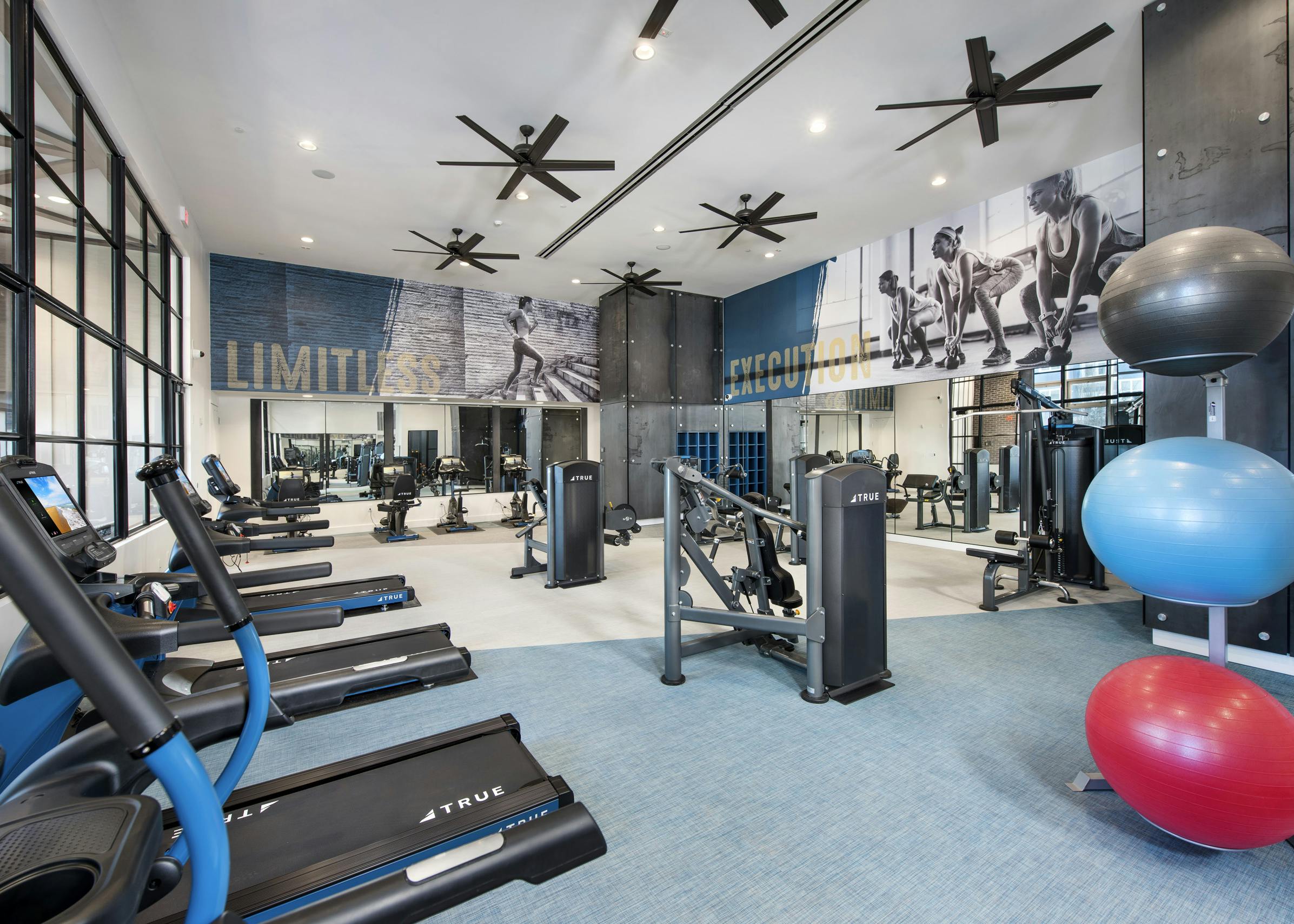 Interior of fitness center at AMLI Decatur with high-endurance equipment and colorful stabilization balls and ceiling fans