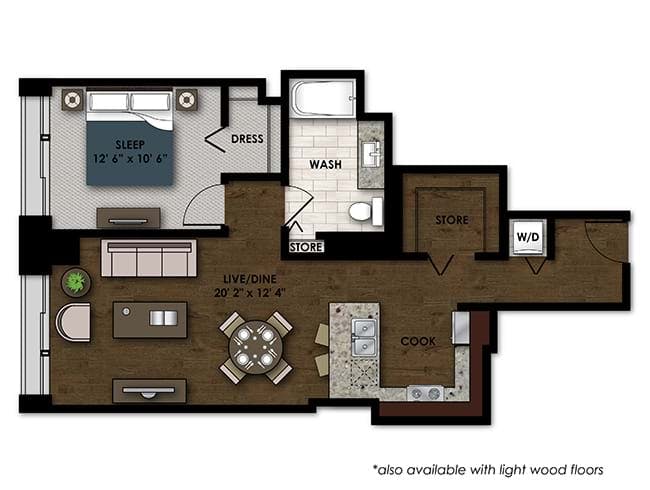 A410 floor plan, 1 Bedroom, 1 Bathroom at AMLI River North apartments