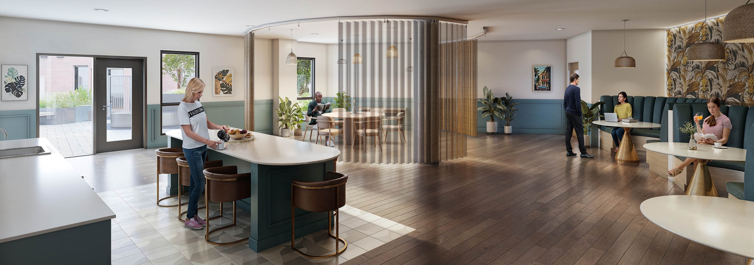 Coworking space at AMLI Redmond Way apartments with kitchen island, seating areas and large windows