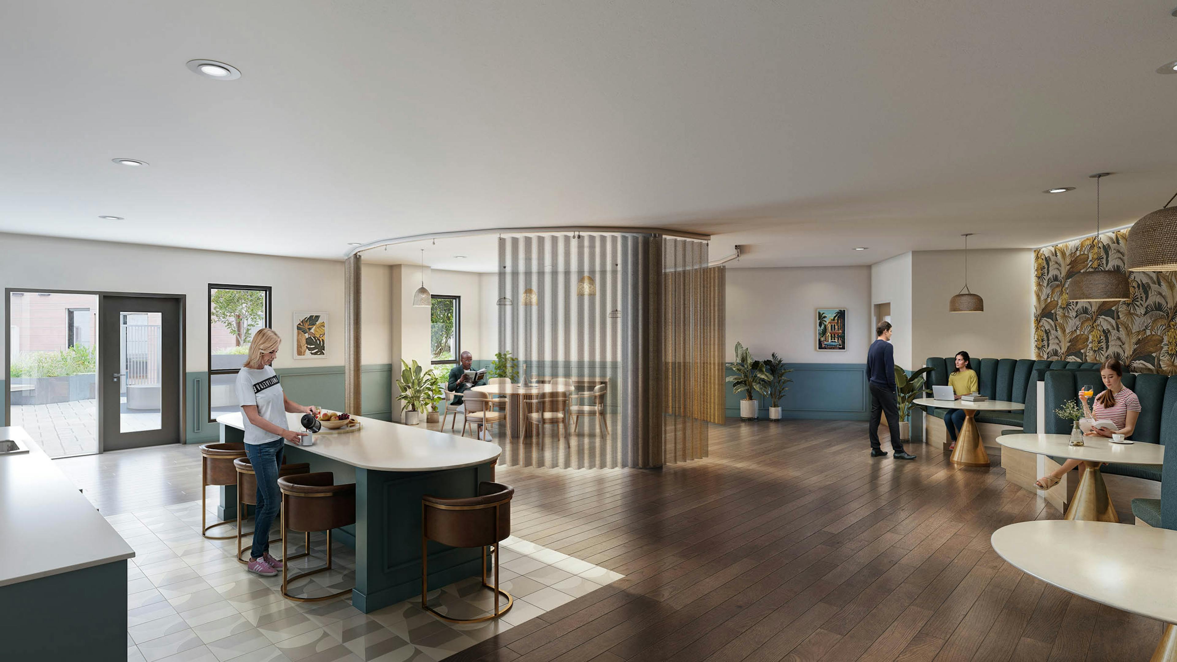 Rendering of coworking space at AMLI Redmond Way apartments with kitchen island, seating areas and large windows