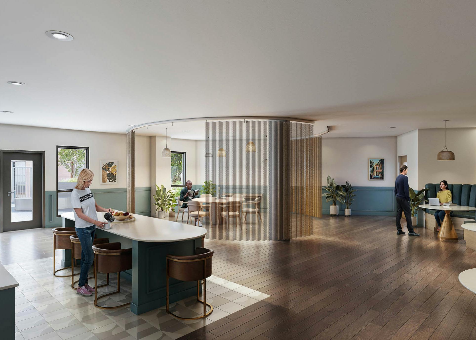 Coworking space at AMLI Redmond Way apartments with kitchen island, seating areas and large windows