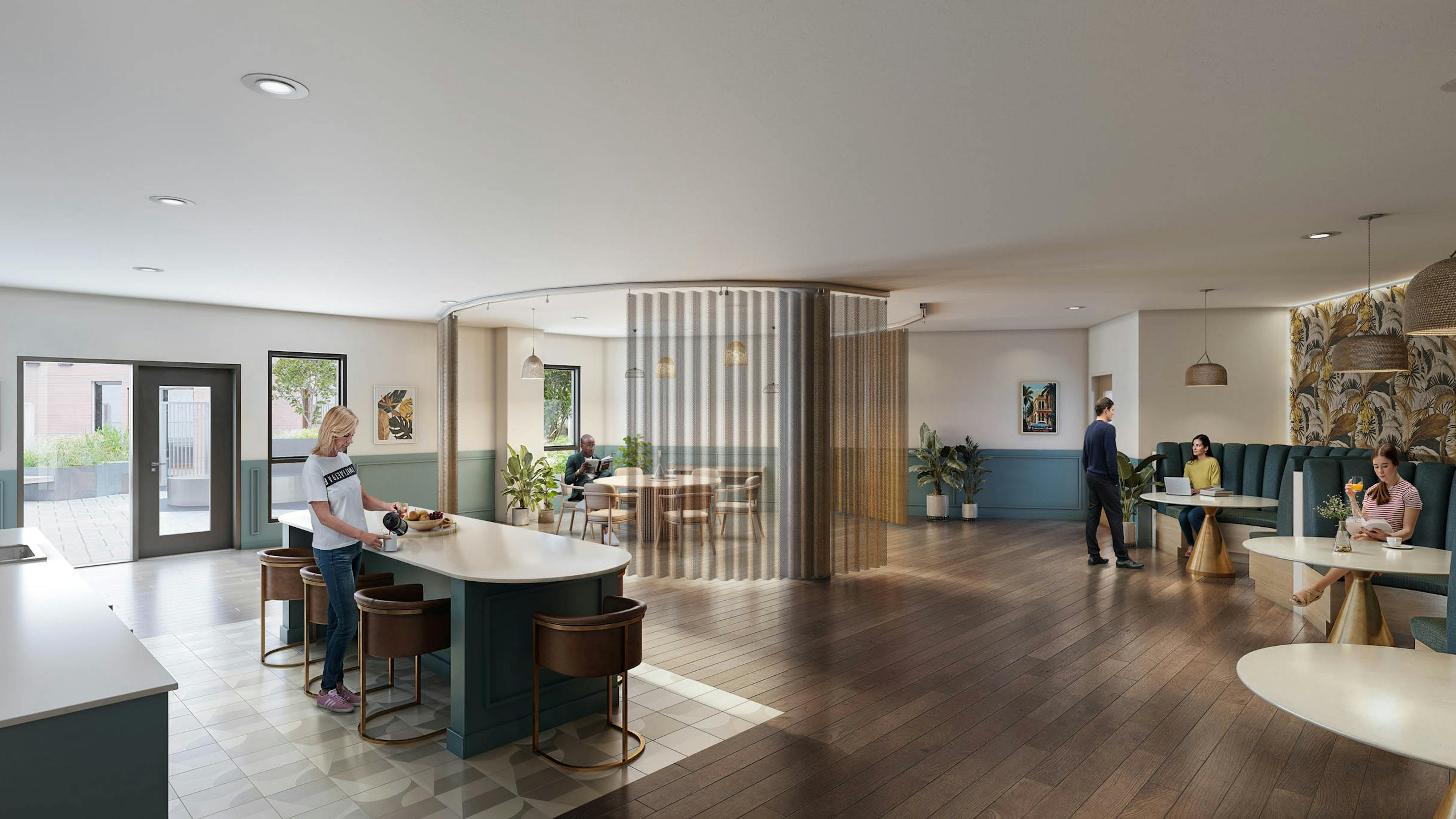 Coworking space at AMLI Redmond Way apartments with kitchen island, seating areas and large windows