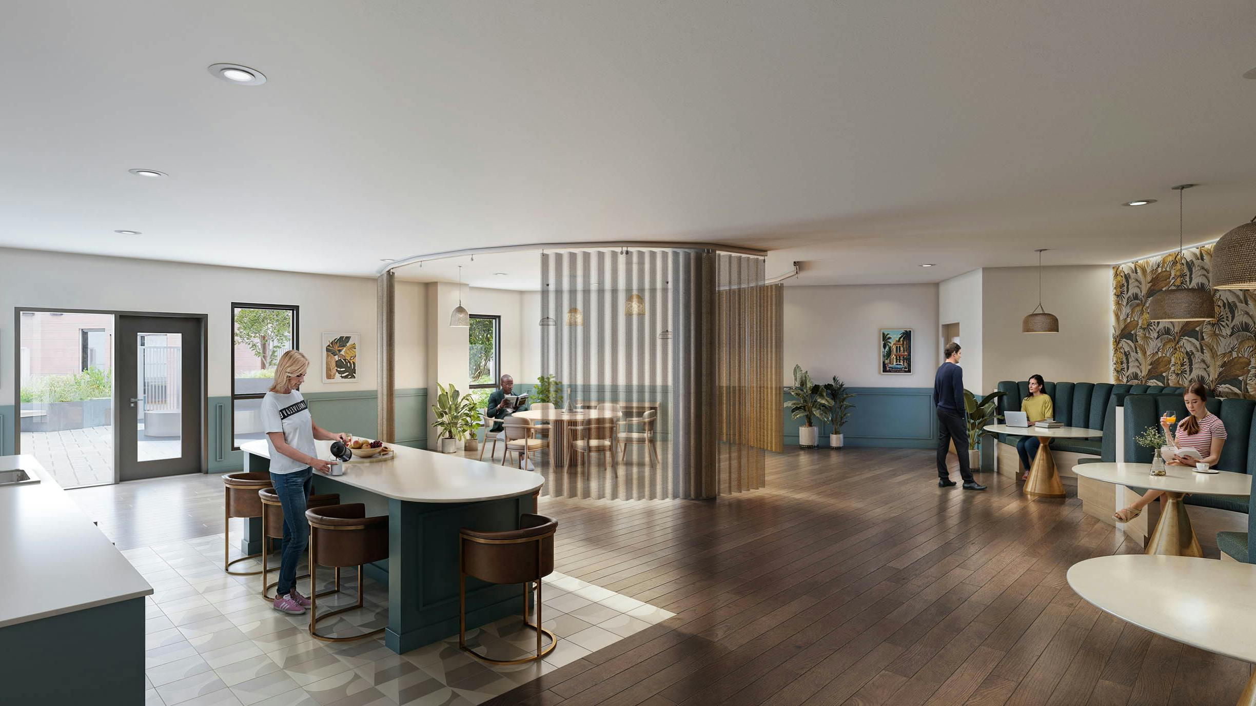 Coworking space at AMLI Redmond Way apartments with kitchen island, seating areas and large windows