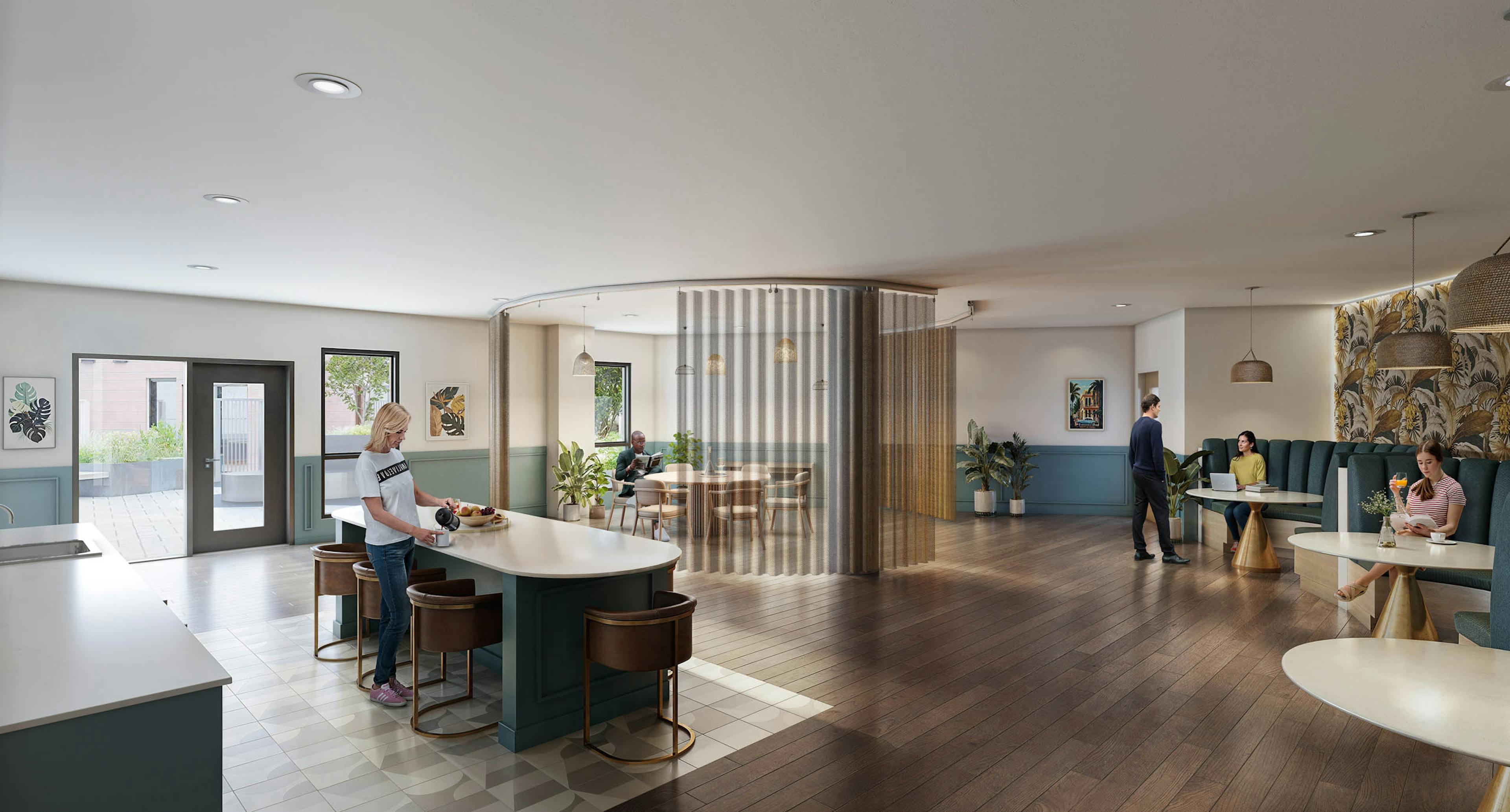 Coworking space at AMLI Redmond Way apartments with kitchen island, seating areas and large windows