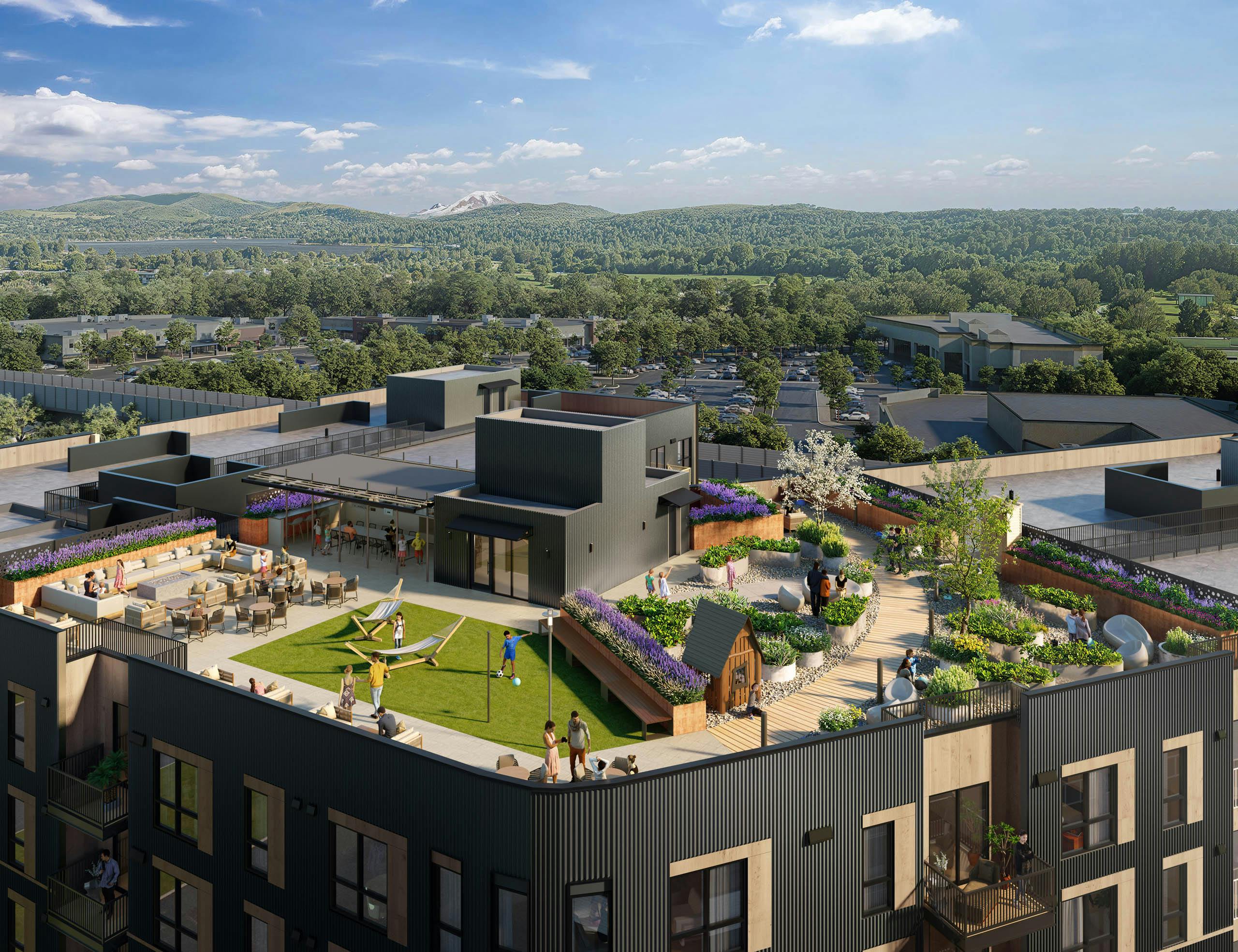 Rendering of AMLI Redmond Way apartments exterior with landscaped rooftop garden and scenic treetop backdrop