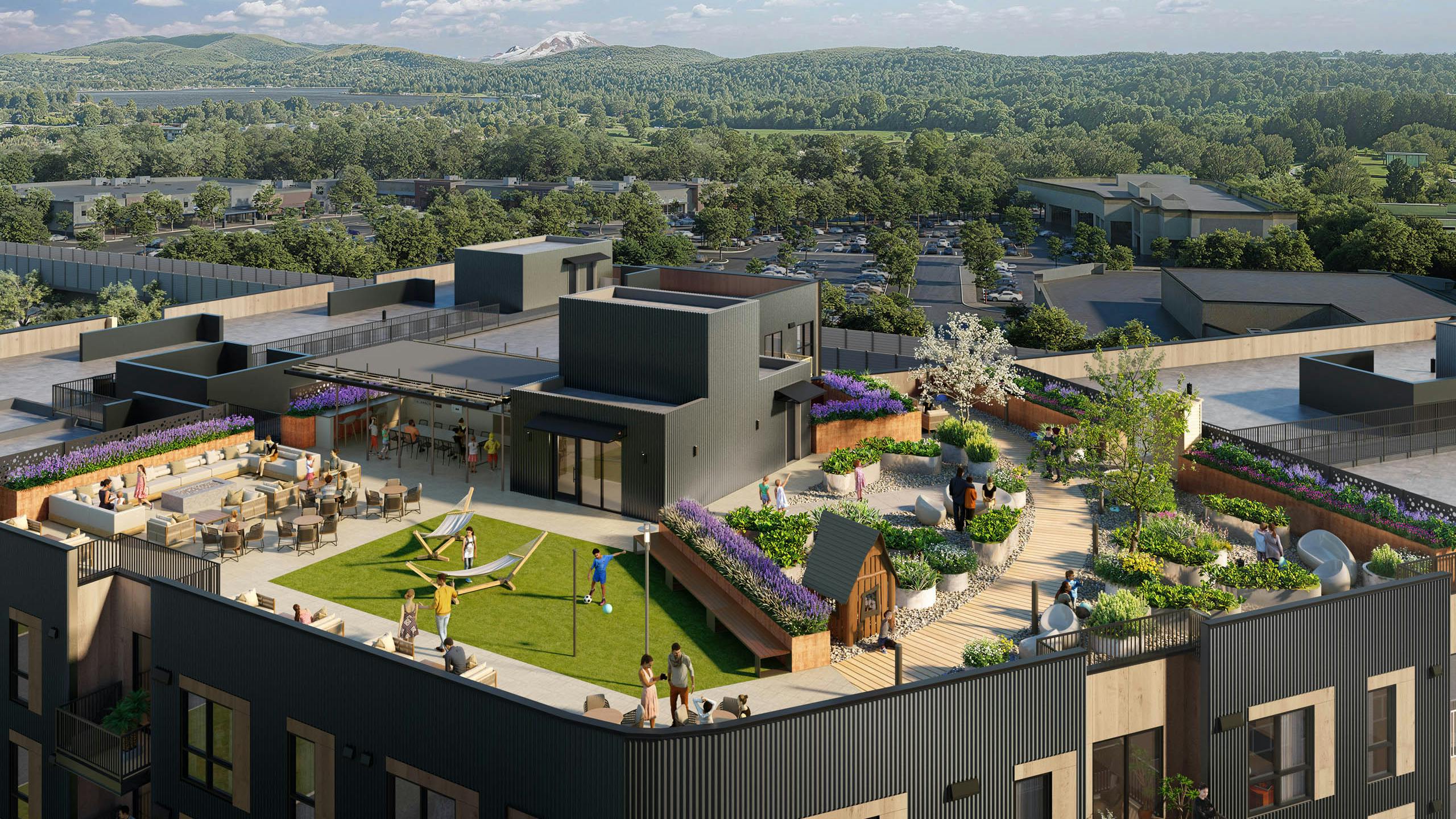 Rendering of AMLI Redmond Way apartments exterior with landscaped rooftop garden and scenic treetop backdrop