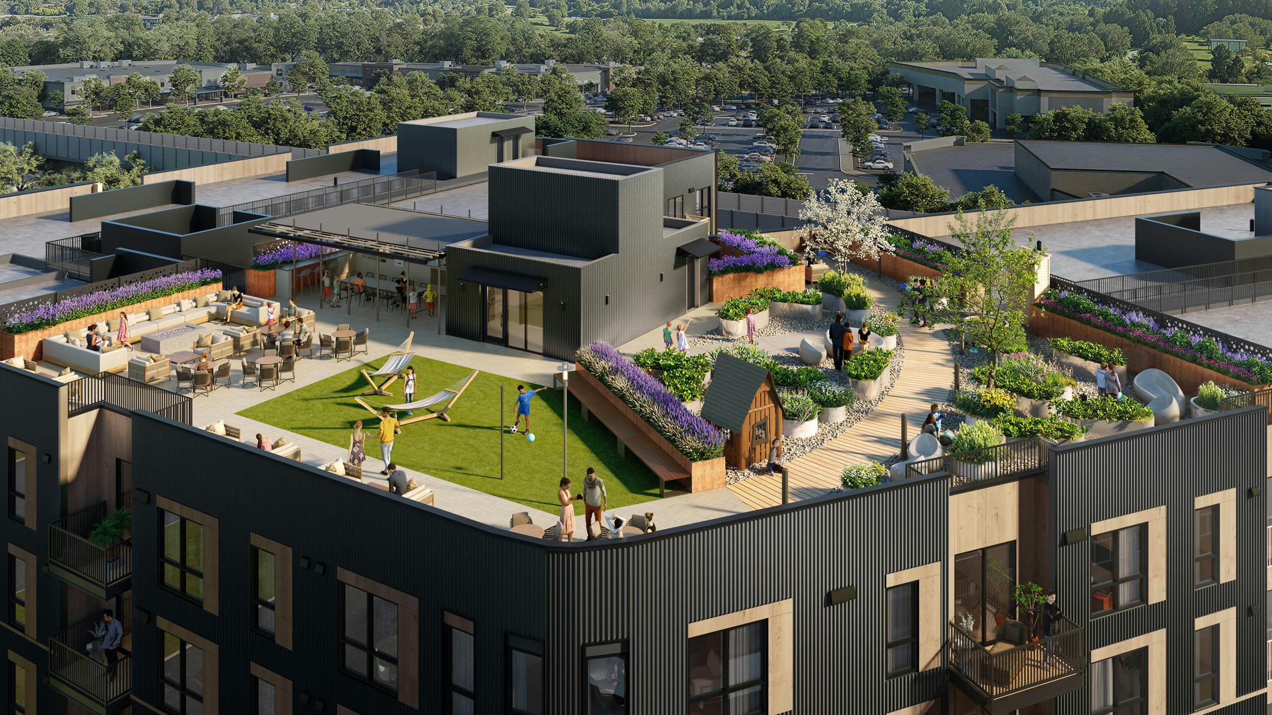 Rendering of AMLI Redmond Way apartments exterior with landscaped rooftop garden and scenic treetop backdrop