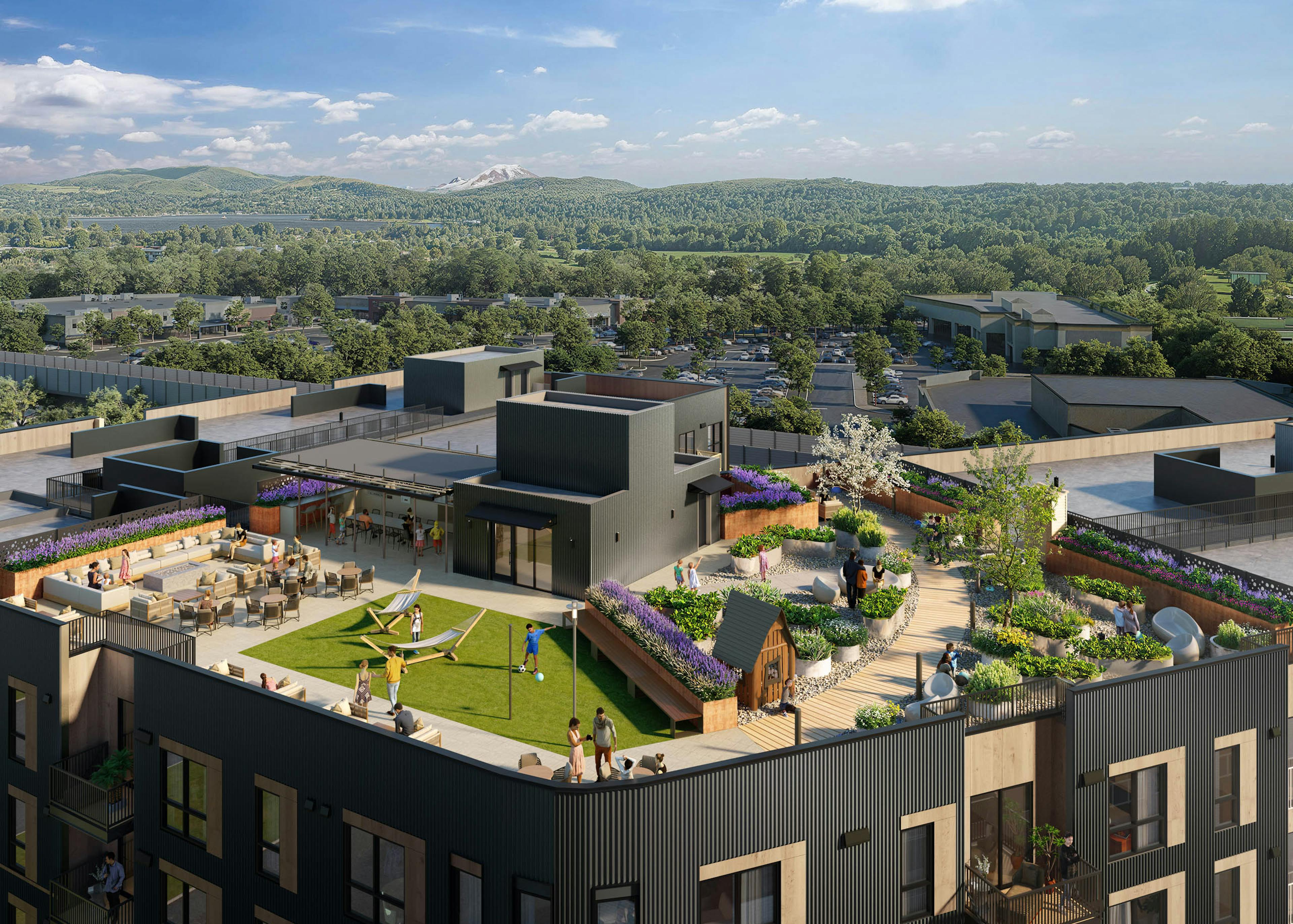 Rendering of AMLI Redmond Way apartments exterior with landscaped rooftop garden and scenic treetop backdrop