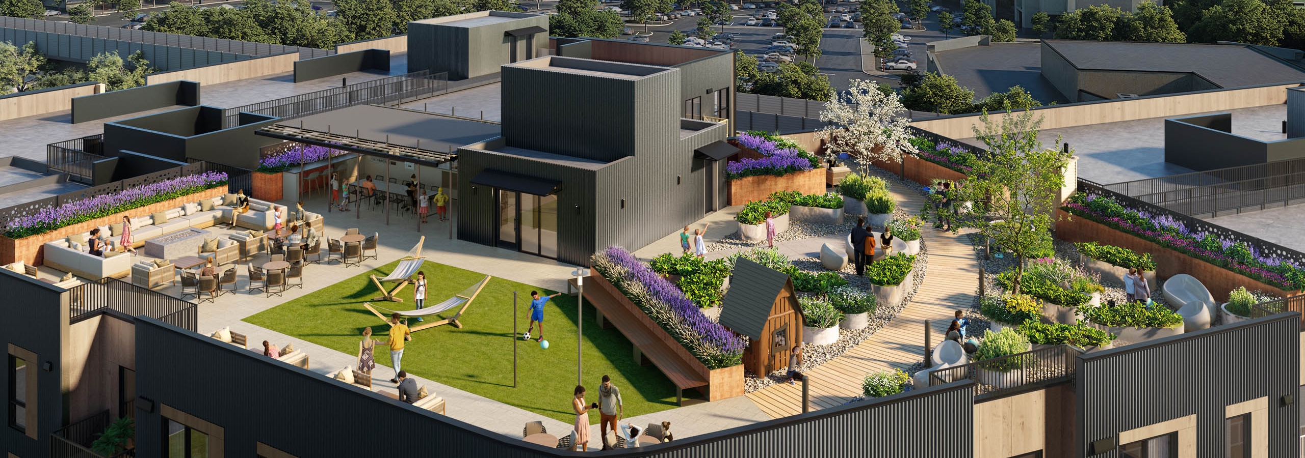Rendering of AMLI Redmond Way apartments exterior with landscaped rooftop garden and scenic treetop backdrop
