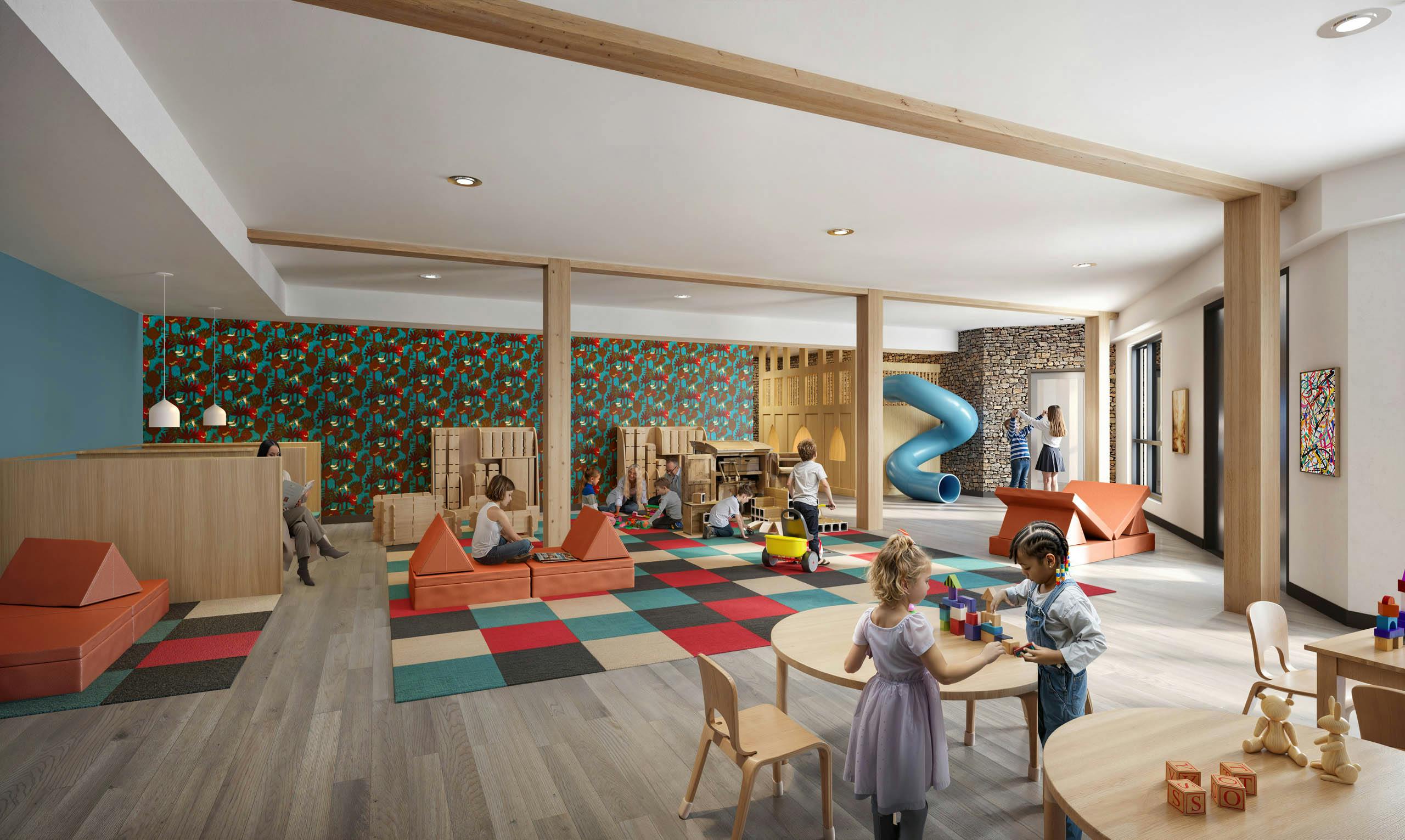 Rendering of AMLI Redmond Way  playroom with wooden structures, colorful mats and children engaging in activities
