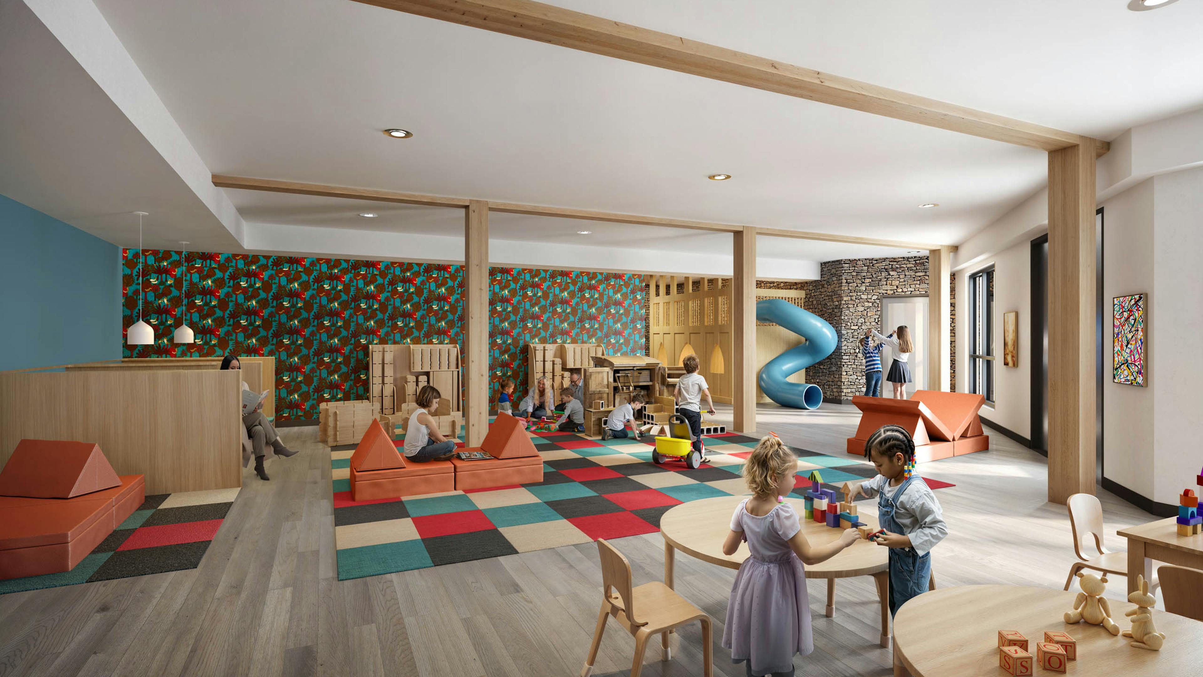 Rendering of AMLI Redmond Way  playroom with wooden structures, colorful mats and children engaging in activities