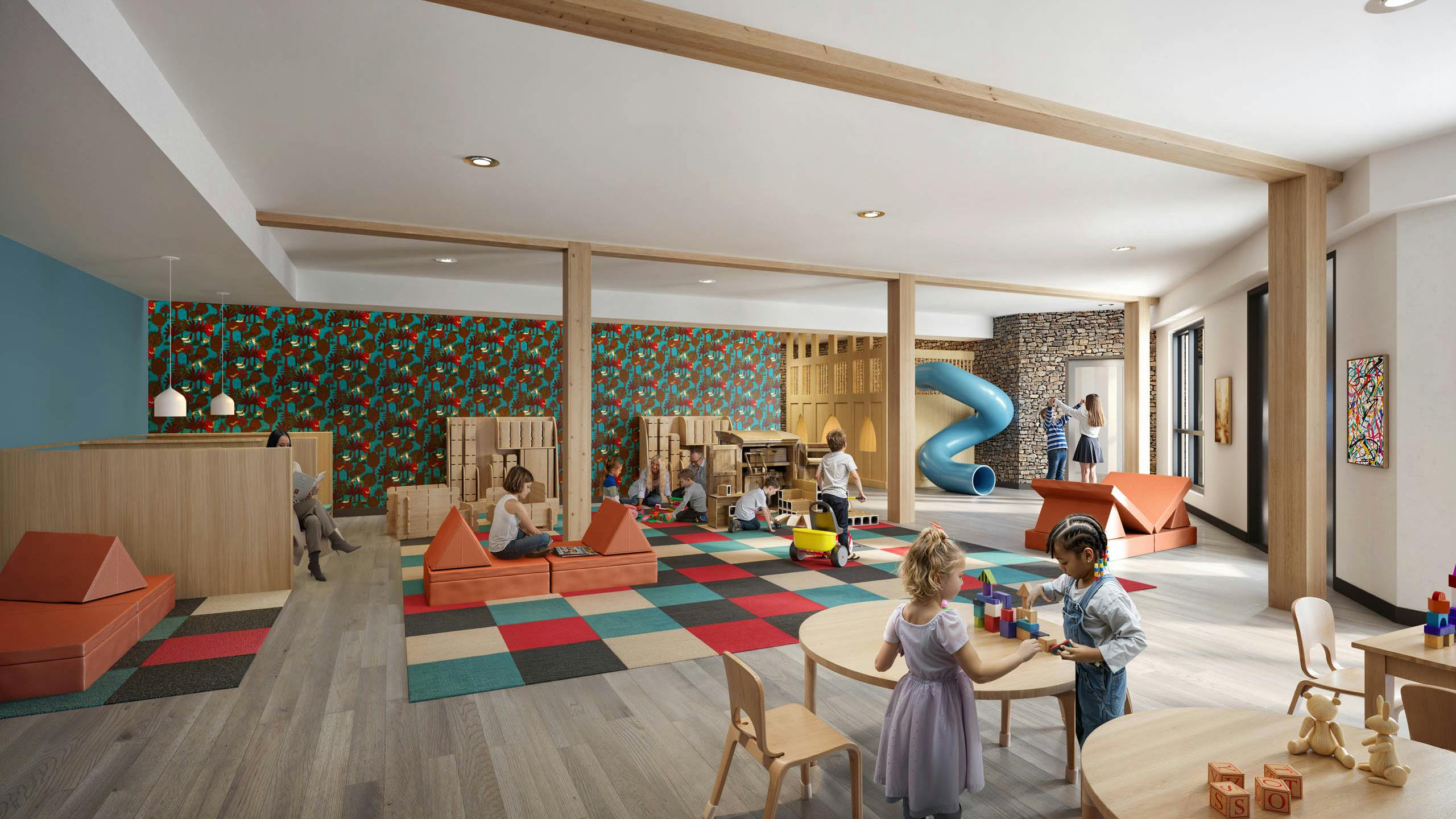 Rendering of AMLI Redmond Way playroom with wooden structures, colorful mats and children engaging in activities