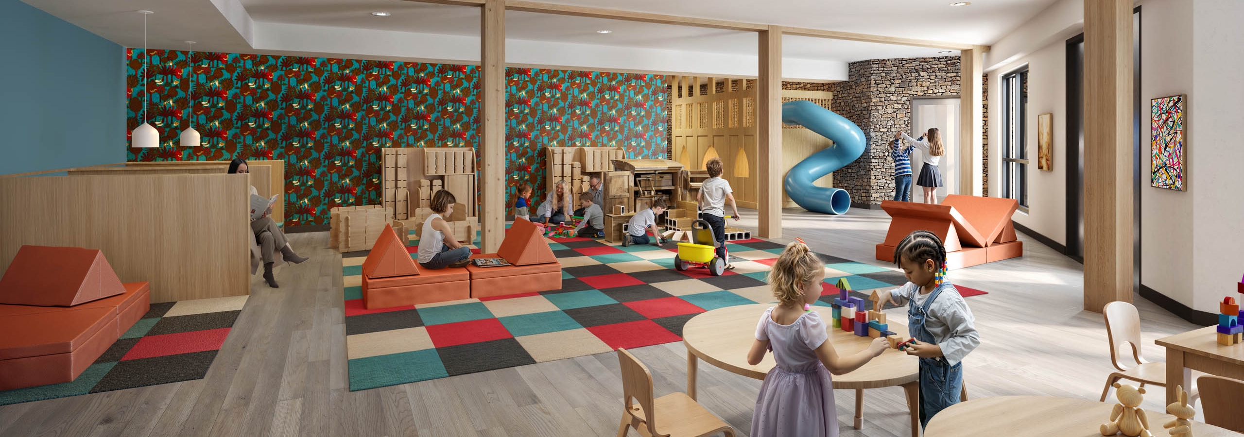 Rendering of AMLI Redmond Way playroom with wooden structures, colorful mats and children engaging in activities