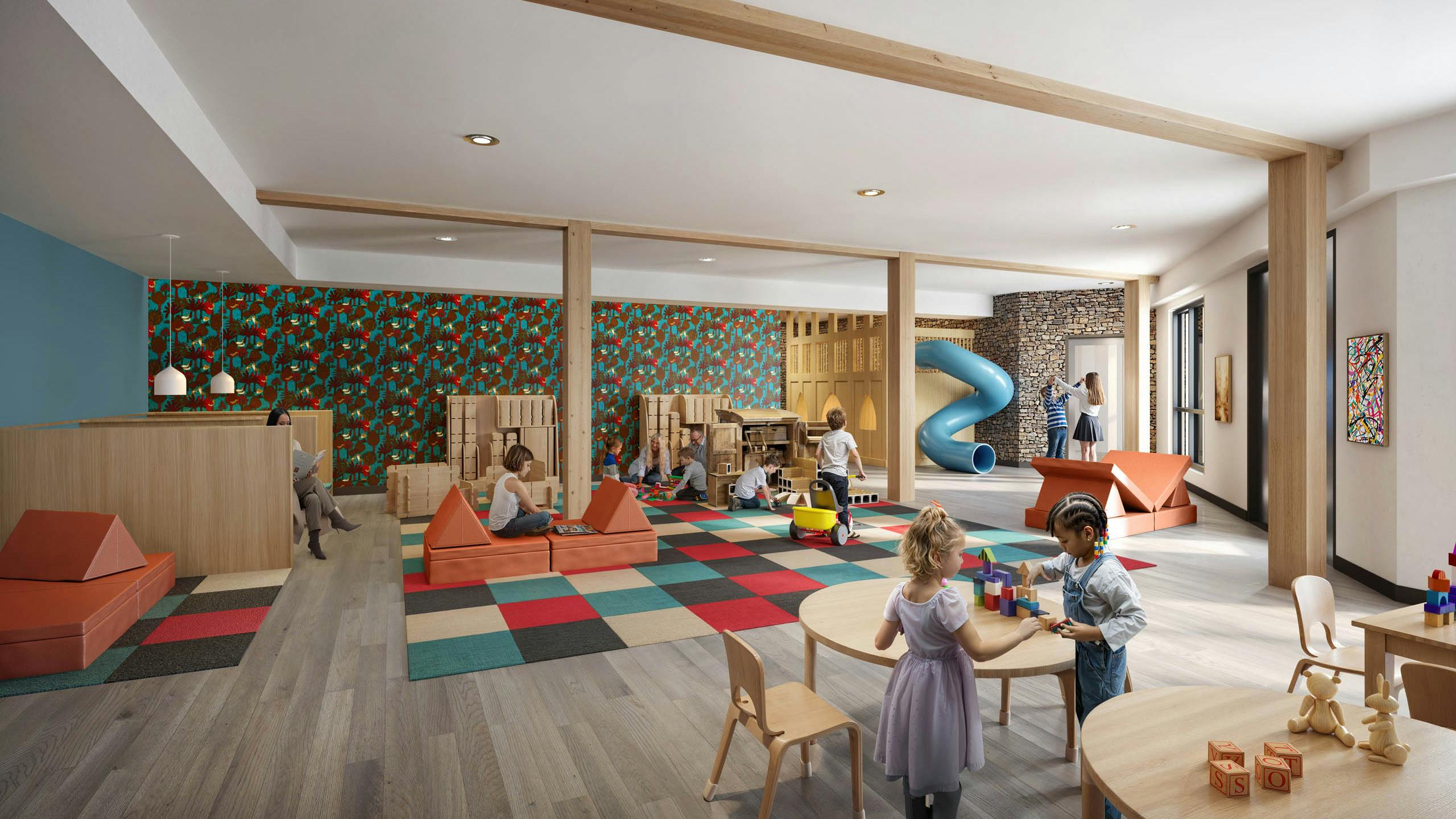 Rendering of AMLI Redmond Way playroom with wooden structures, colorful mats and children engaging in activities