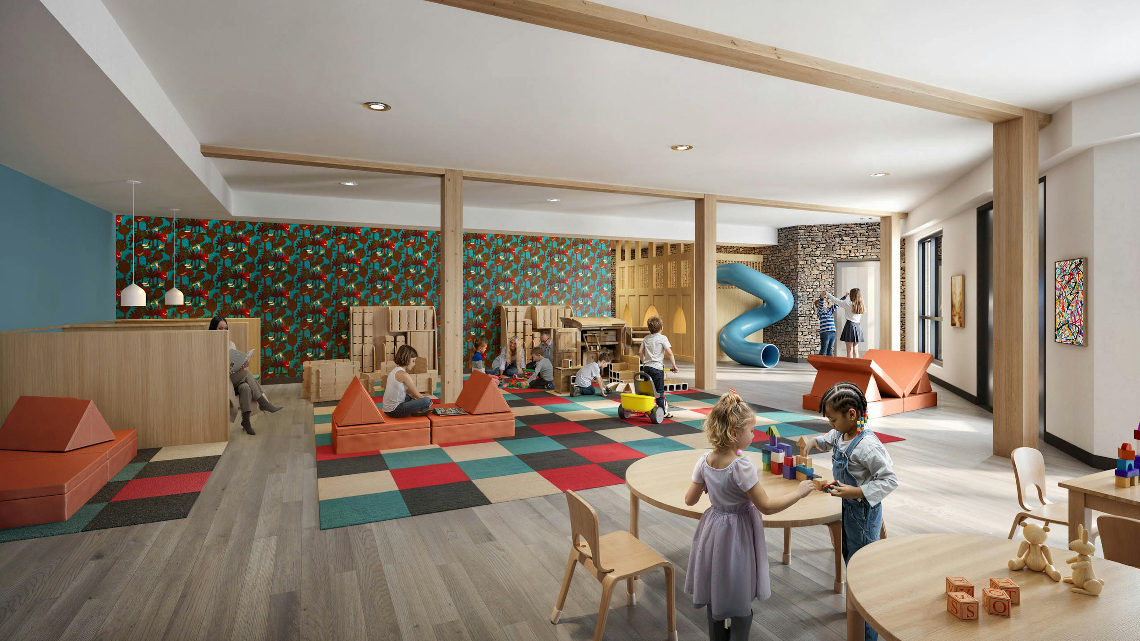 Rendering of AMLI Redmond Way  playroom with wooden structures, colorful mats and children engaging in activities