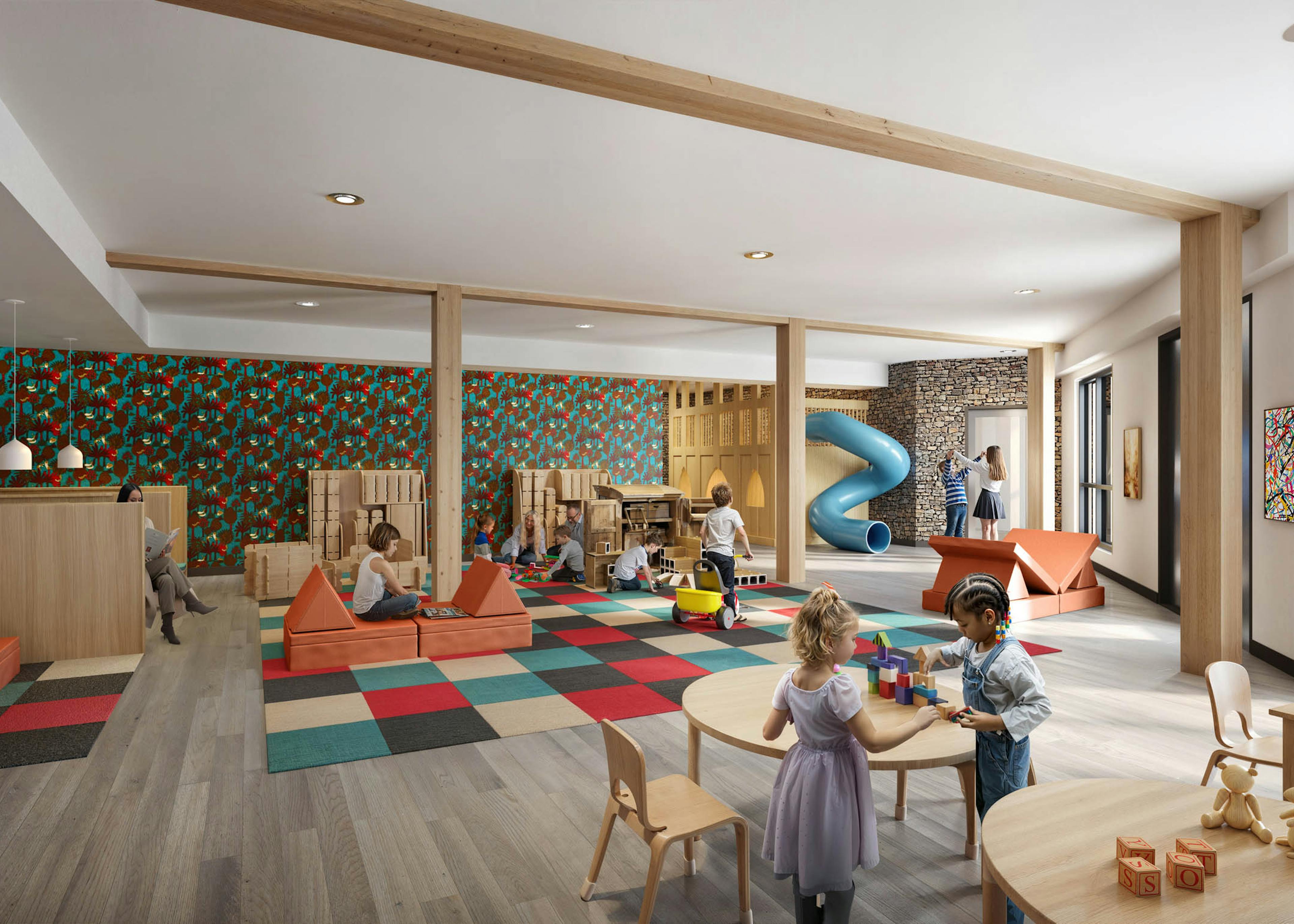 Rendering of AMLI Redmond Way  playroom with wooden structures, colorful mats and children engaging in activities