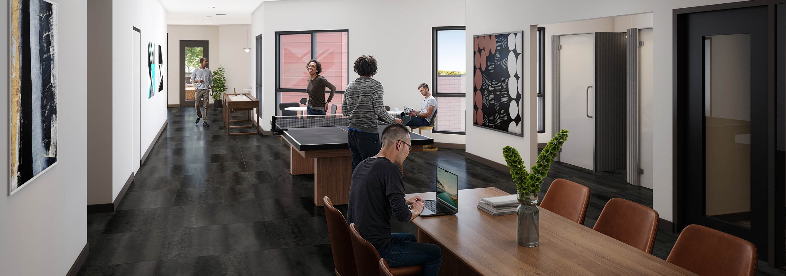 Rendering of coworking game room at AMLI Redmond Way with ping pong table, seating areas, and large windows