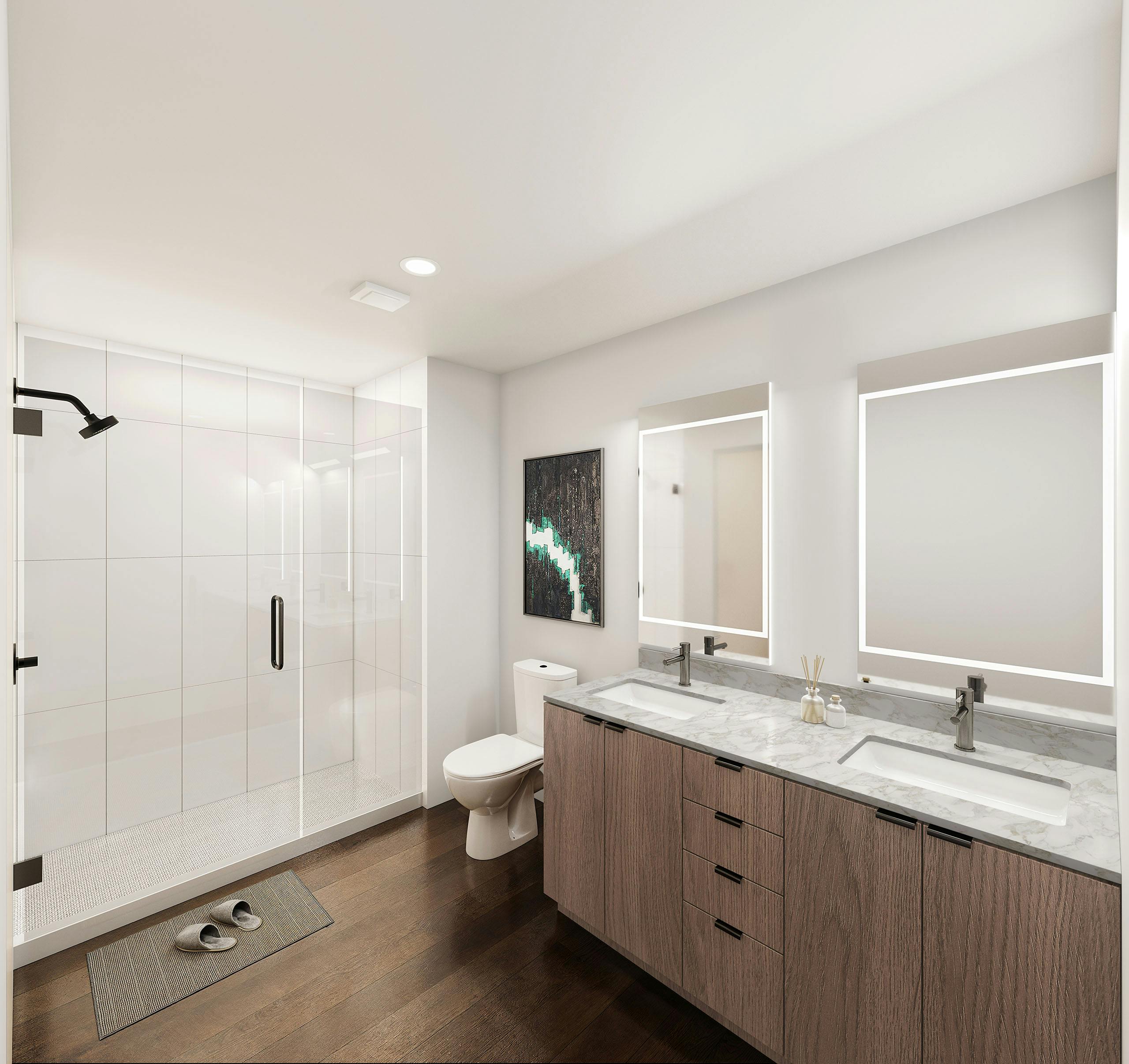 Rendering of modern bathroom at AMLI Redmond Way apartments with glass enclosed shower with white tile surround and double vanity