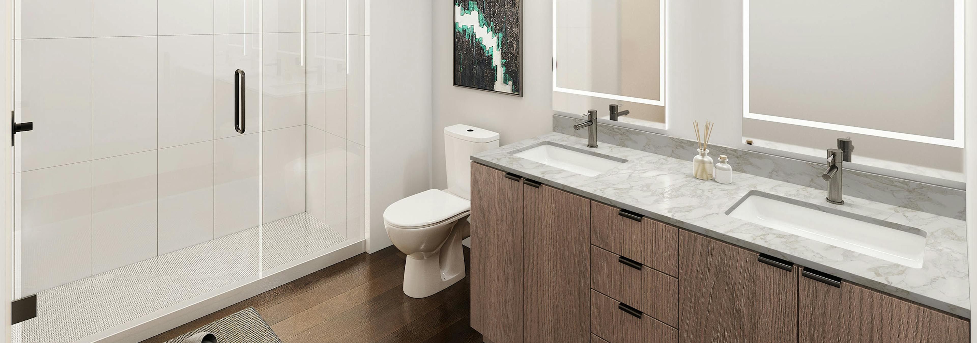 Rendering of modern bathroom at AMLI Redmond Way apartments with glass enclosed shower with white tile surround and double vanity 