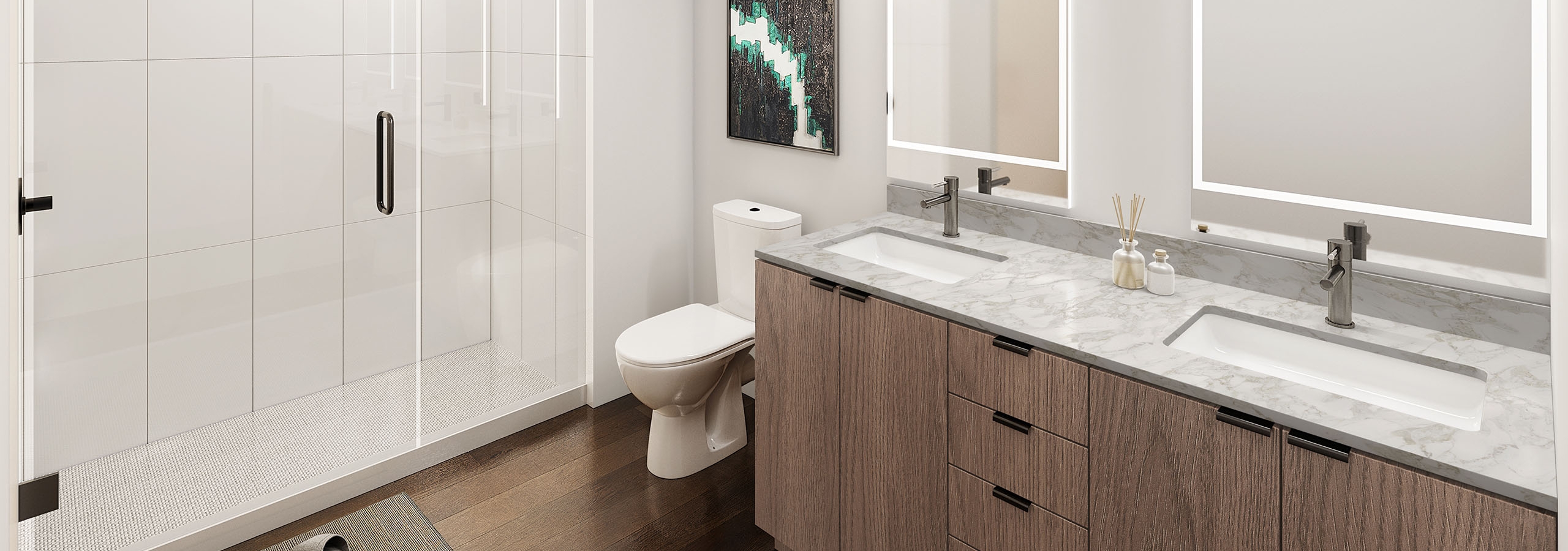 Rendering of modern bathroom at AMLI Redmond Way apartments with glass enclosed shower with white tile surround and double vanity