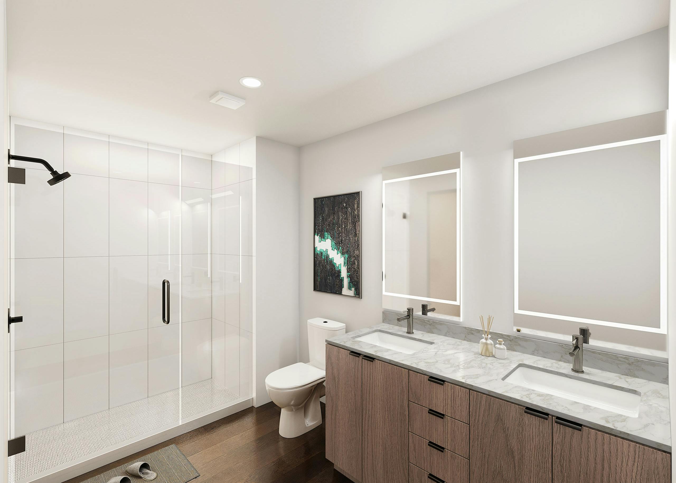 Rendering of modern bathroom at AMLI Redmond Way apartments with glass enclosed shower with white tile surround and double vanity