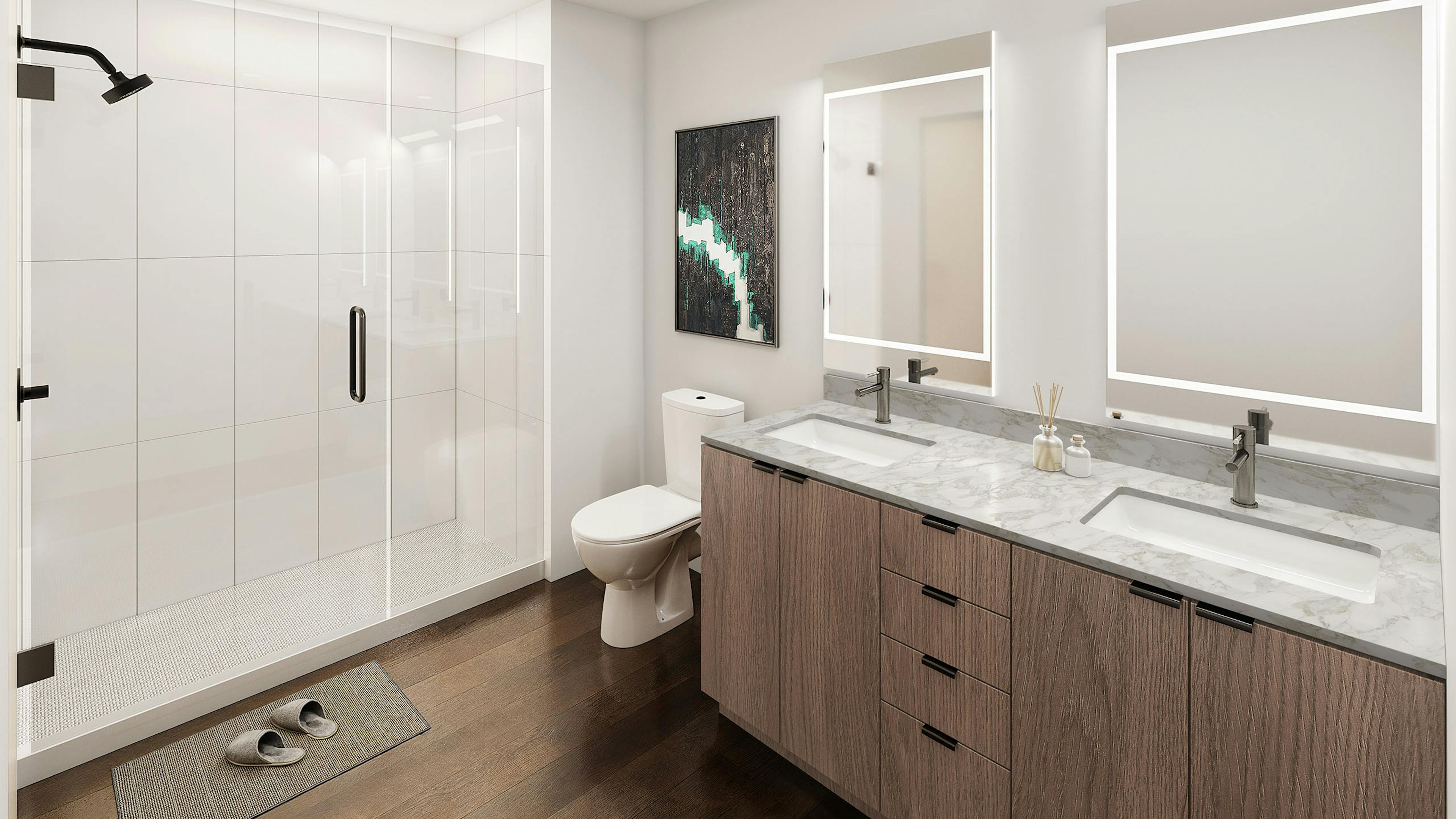 Rendering of modern bathroom at AMLI Redmond Way apartments with glass enclosed shower with white tile surround and tan double vanity 