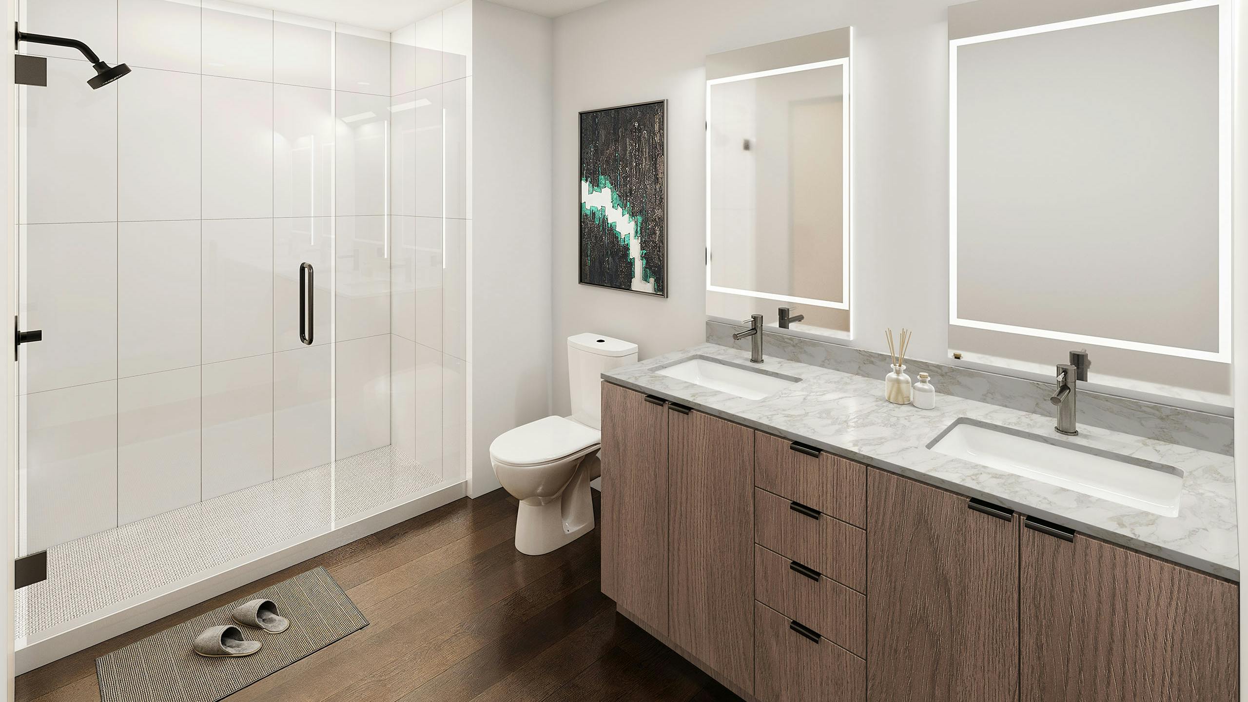 Rendering of modern bathroom at AMLI Redmond Way apartments with glass enclosed shower with white tile surround and tan double vanity