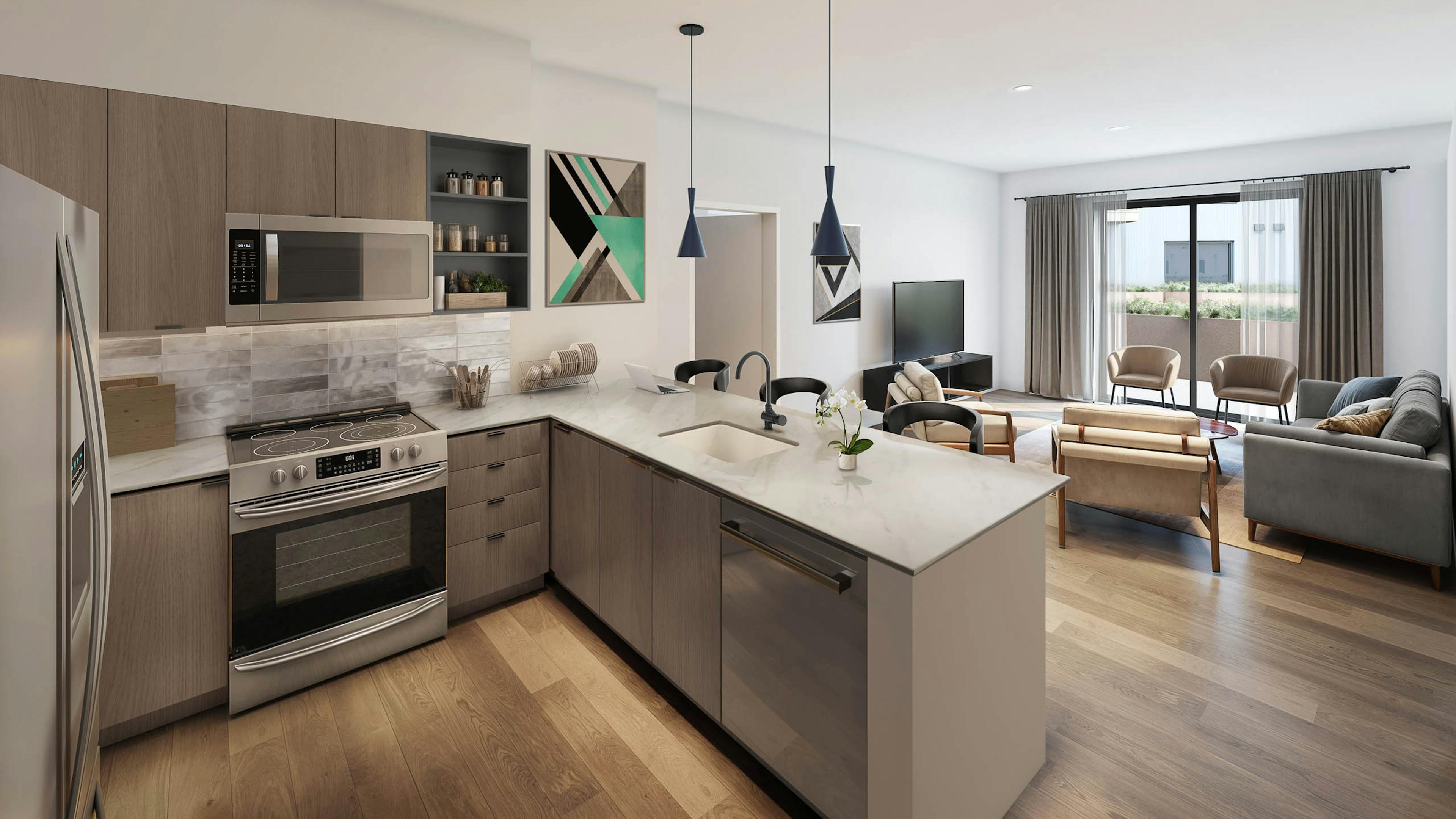 Rendering of open-concept kitchen and living room at AMLI Redmond Way with stainless steel appliances and large windows
