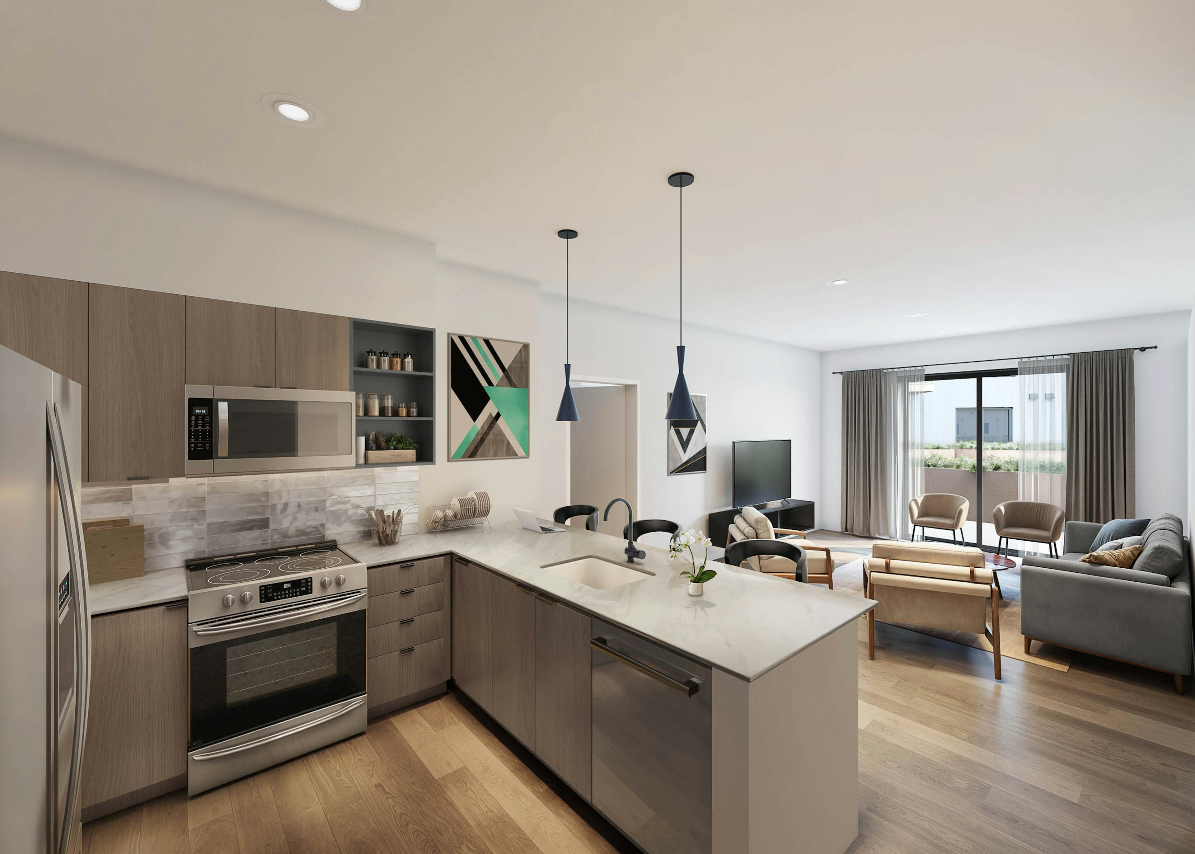 Rendering of open-concept kitchen and living room at AMLI Redmond Way with stainless steel appliances and large windows