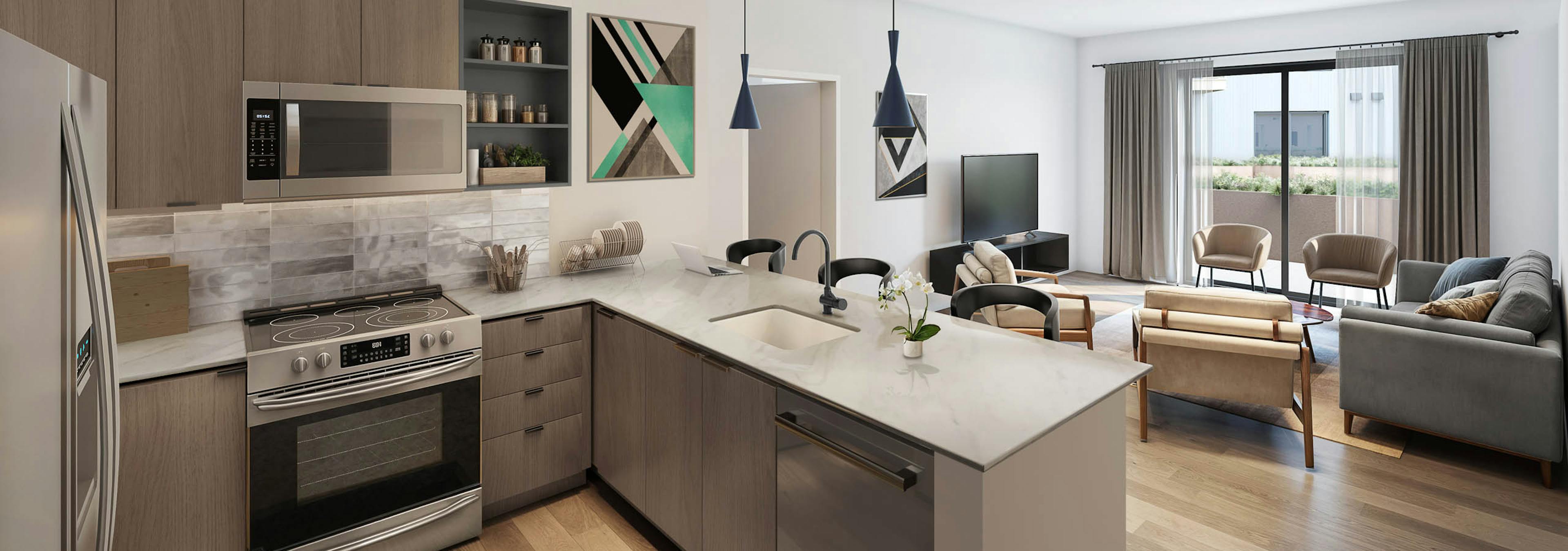 Rendering of open-concept kitchen and living room at AMLI Redmond Way with stainless steel appliances and large windows