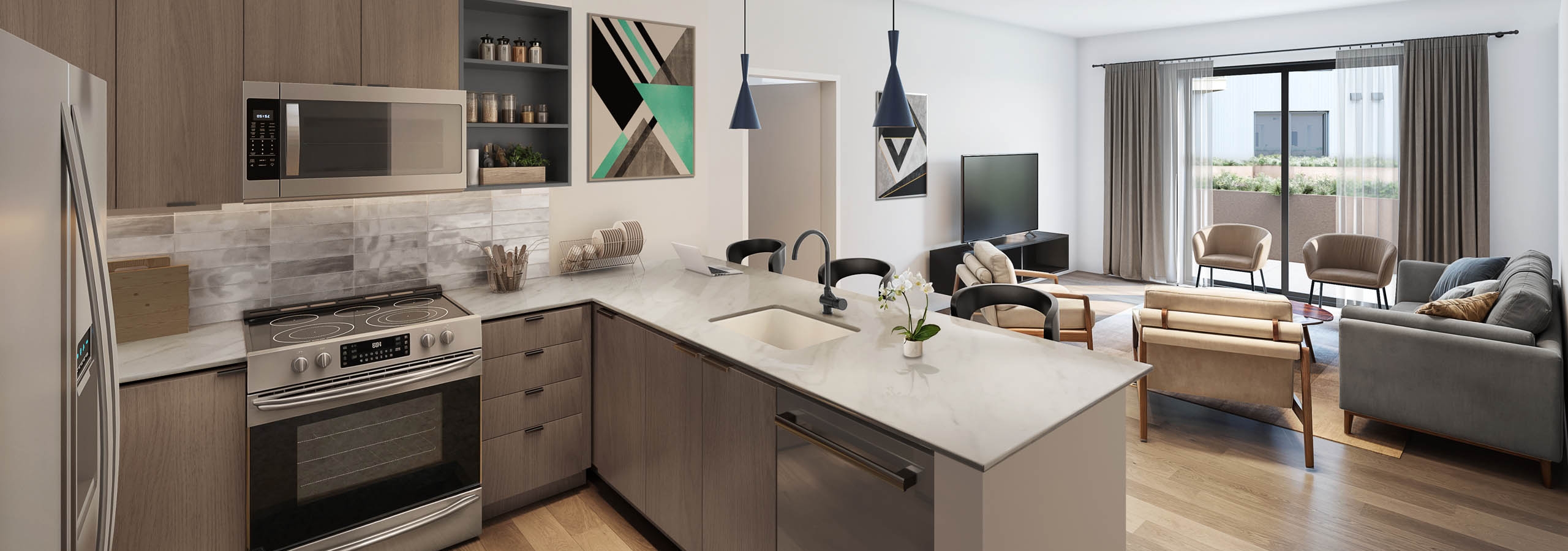 Rendering of open-concept kitchen and living room at AMLI Redmond Way with stainless steel appliances and large windows