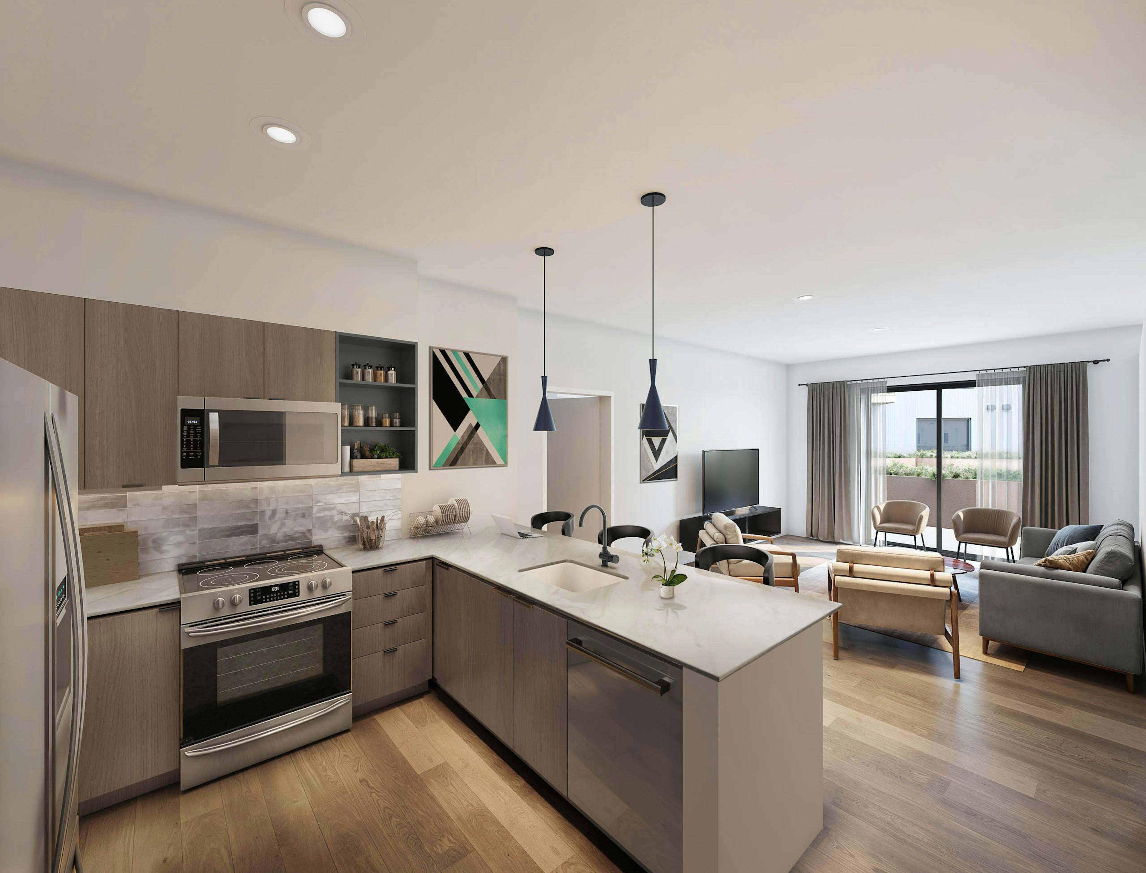 Rendering of open-concept kitchen and living room at AMLI Redmond Way with stainless steel appliances and large windows