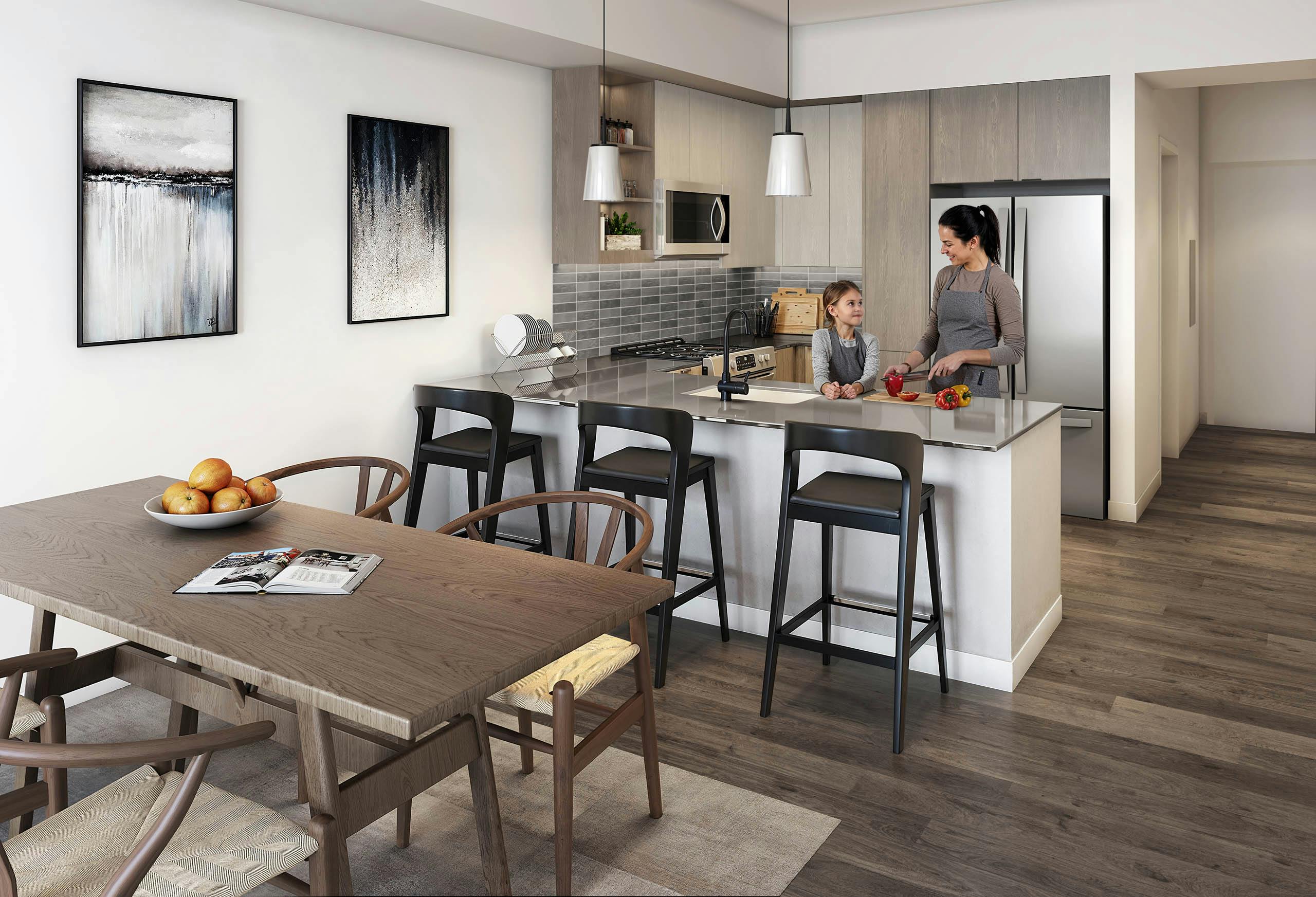 Rendering of modern kitchen and dining area at AMLI Redmond Way apartments with light wood cabinets and stainless steel appliances