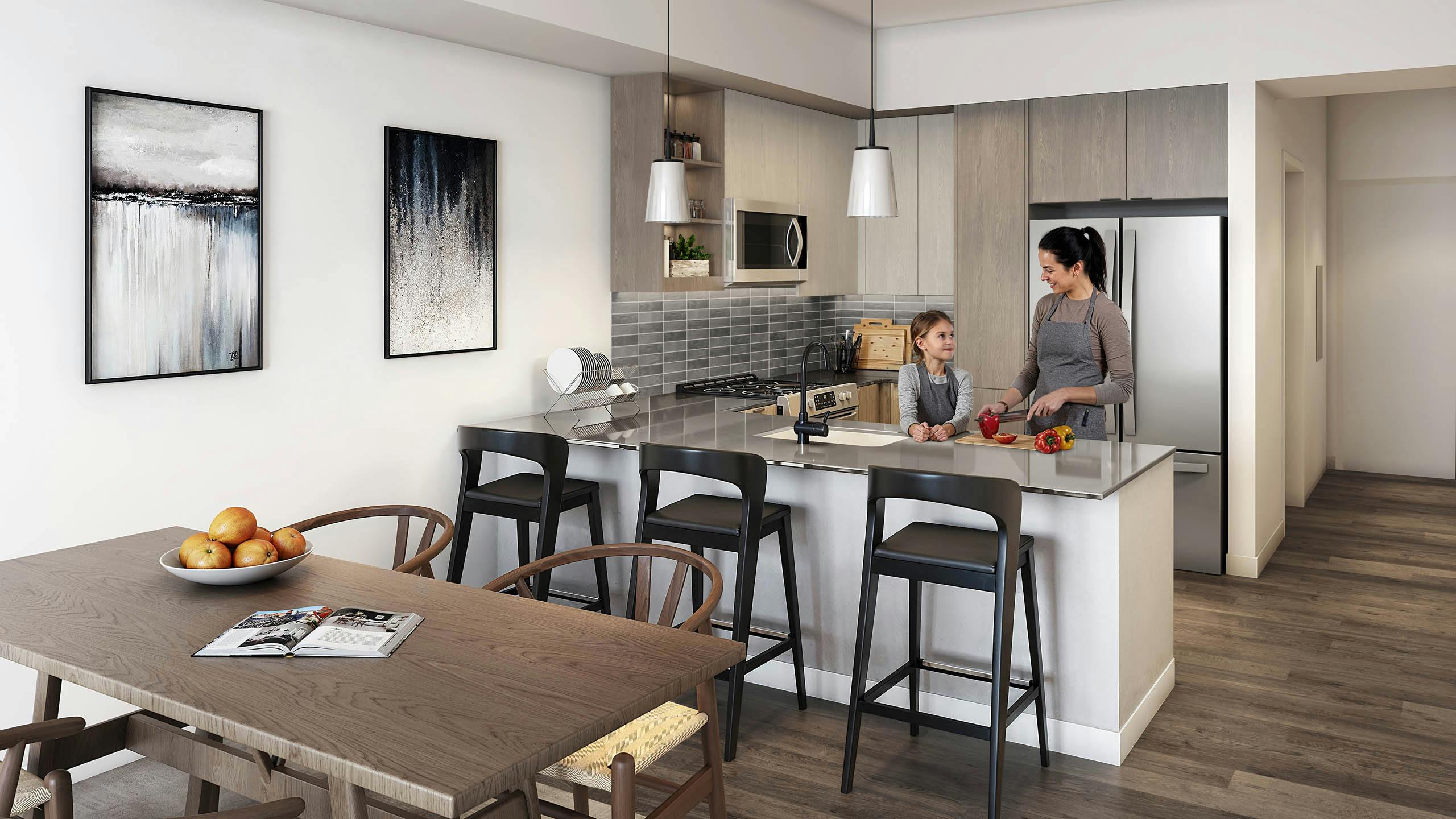 Rendering of modern kitchen and dining area at AMLI Redmond Way apartments with light wood cabinets and stainless steel appliances