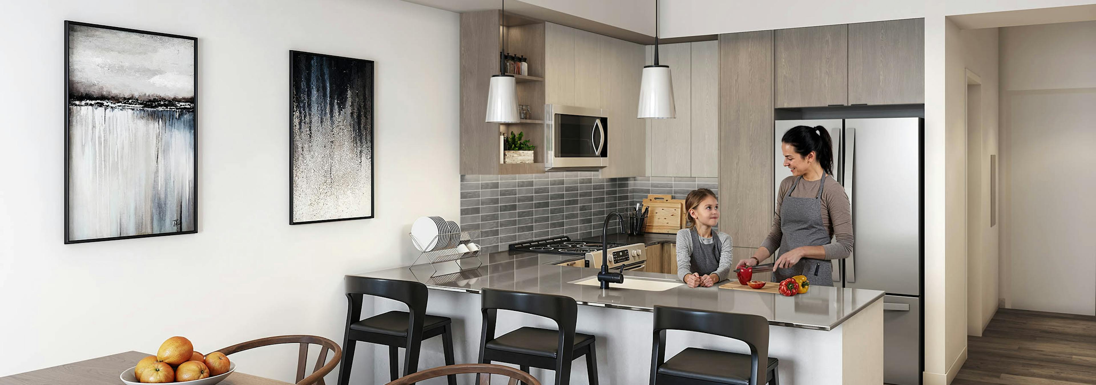 Rendering of modern kitchen and dining area at AMLI Redmond Way apartments with light wood cabinets and stainless steel appliances