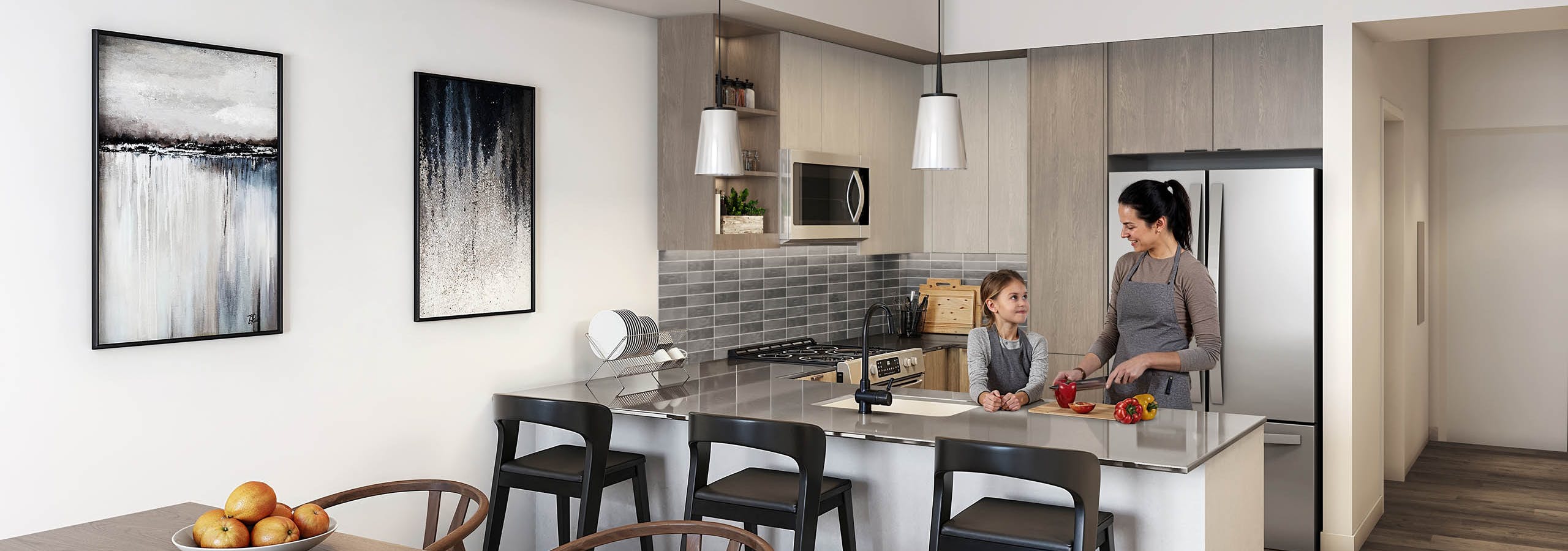 Rendering of modern kitchen and dining area at AMLI Redmond Way apartments with light wood cabinets and stainless steel appliances