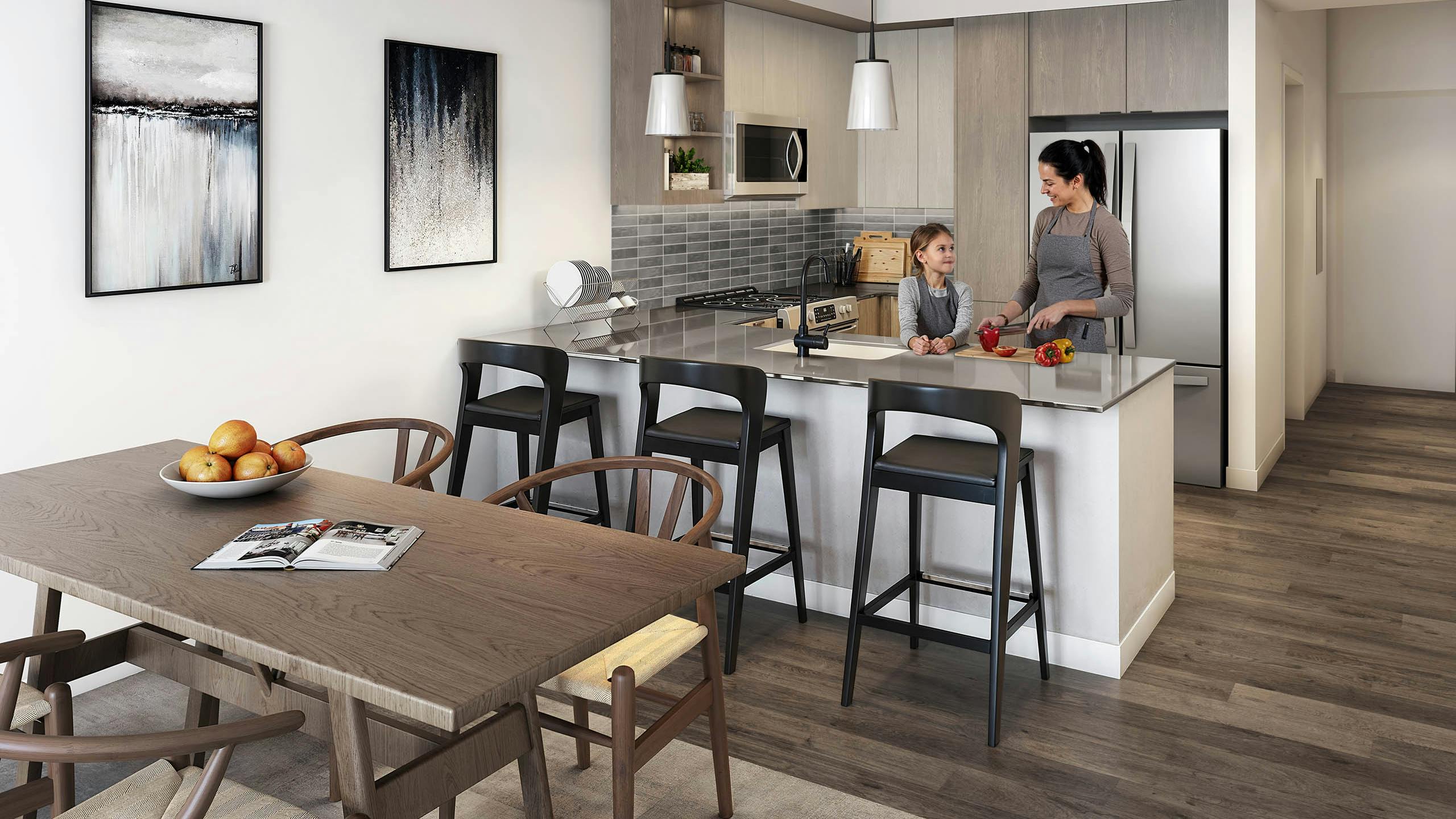 Rendering of modern kitchen and dining area at AMLI Redmond Way apartments with light wood cabinets and stainless steel appliances