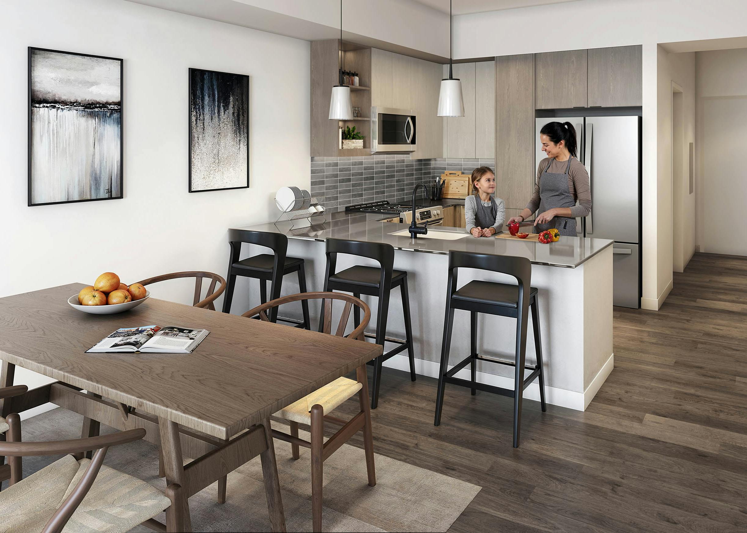 Rendering of modern kitchen and dining area at AMLI Redmond Way apartments with light wood cabinets and stainless steel appliances