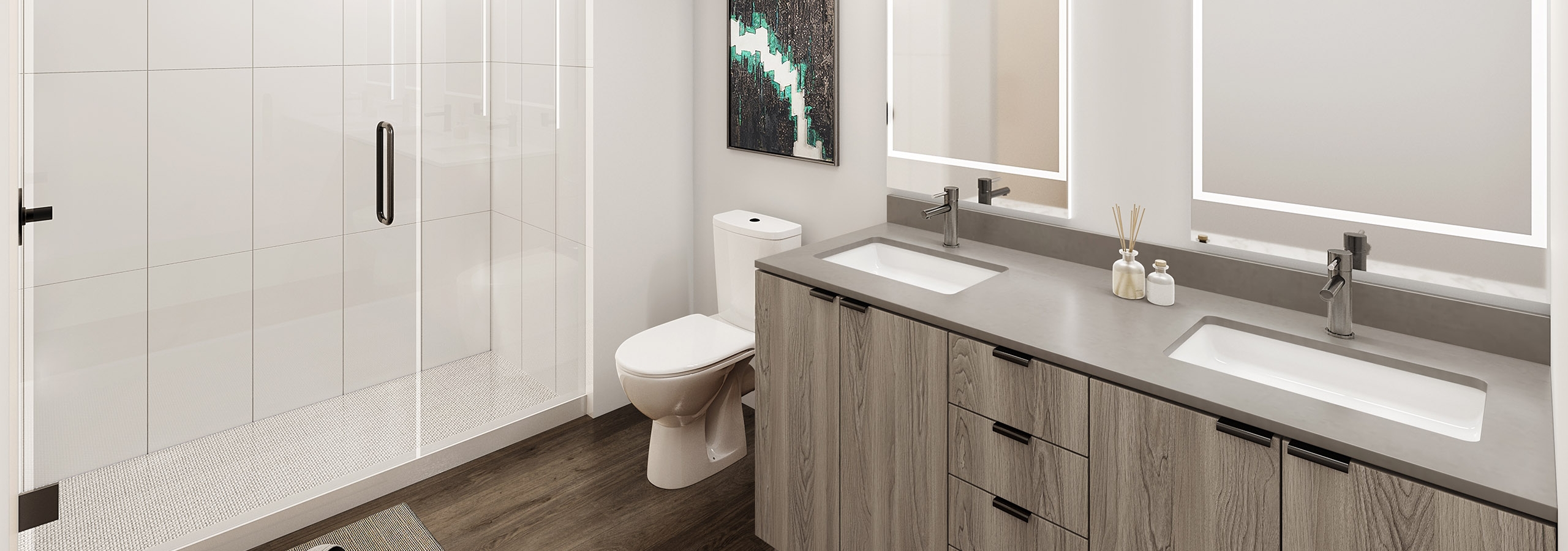 Rendering of modern bathroom at AMLI Redmond Way apartments with glass enclosed shower with white tile surround and gray double vanity